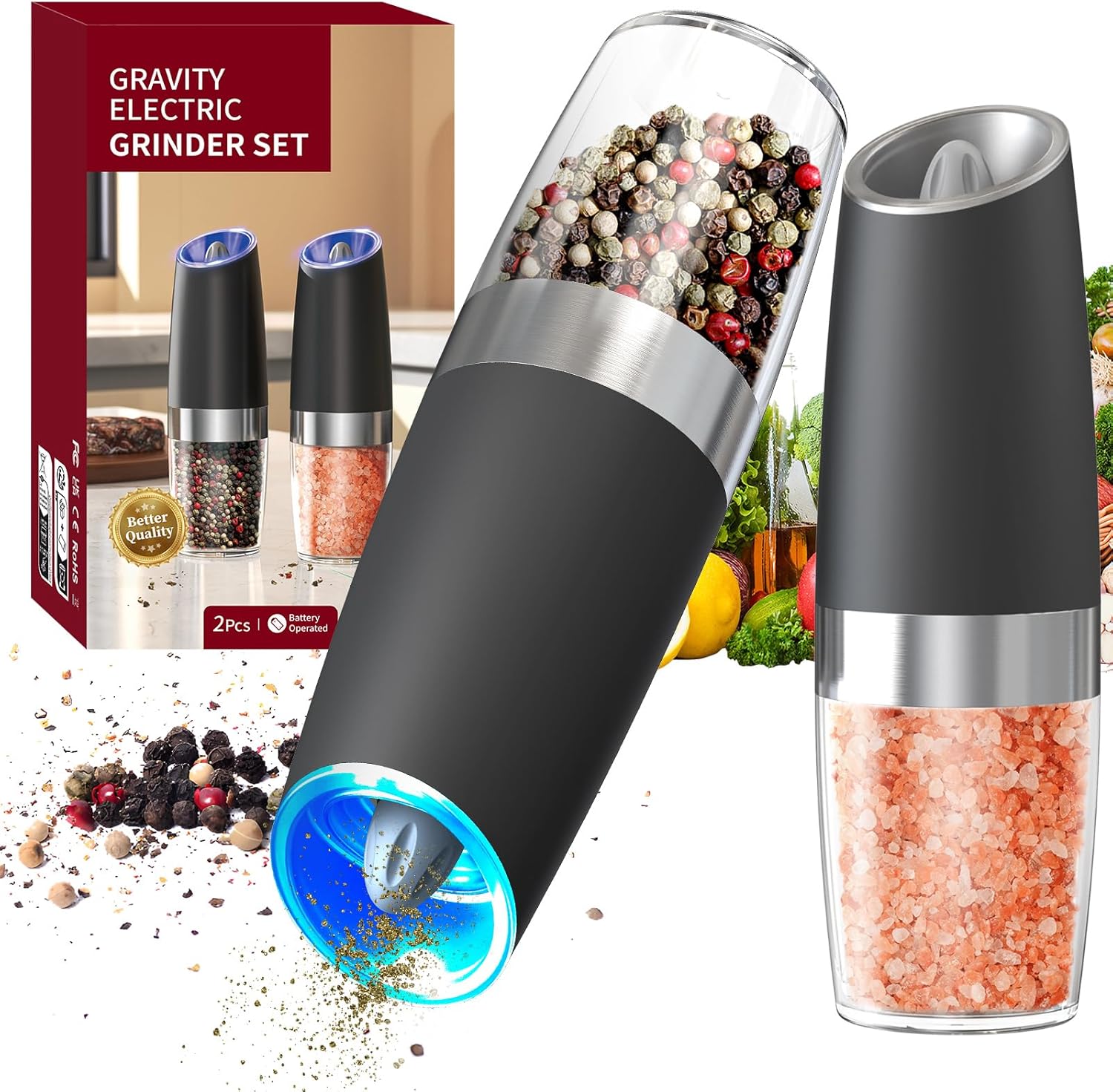 Shows the complete set of electric grinders included in the package, demonstrating the variety and value offered to the customer. Displays the product packaging to establish brand identity and…