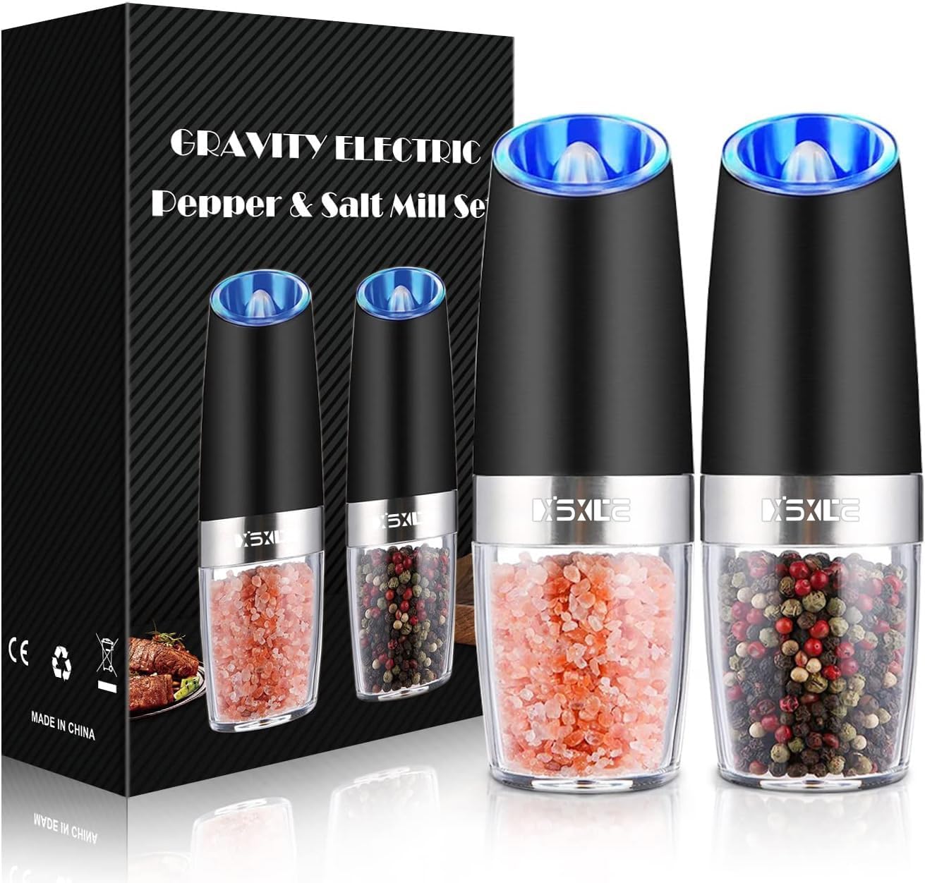 Showcases the complete product set including packaging to highlight the electric functionality and set contents. Displays the product packaging alongside the actual mills to give a complete view of…
