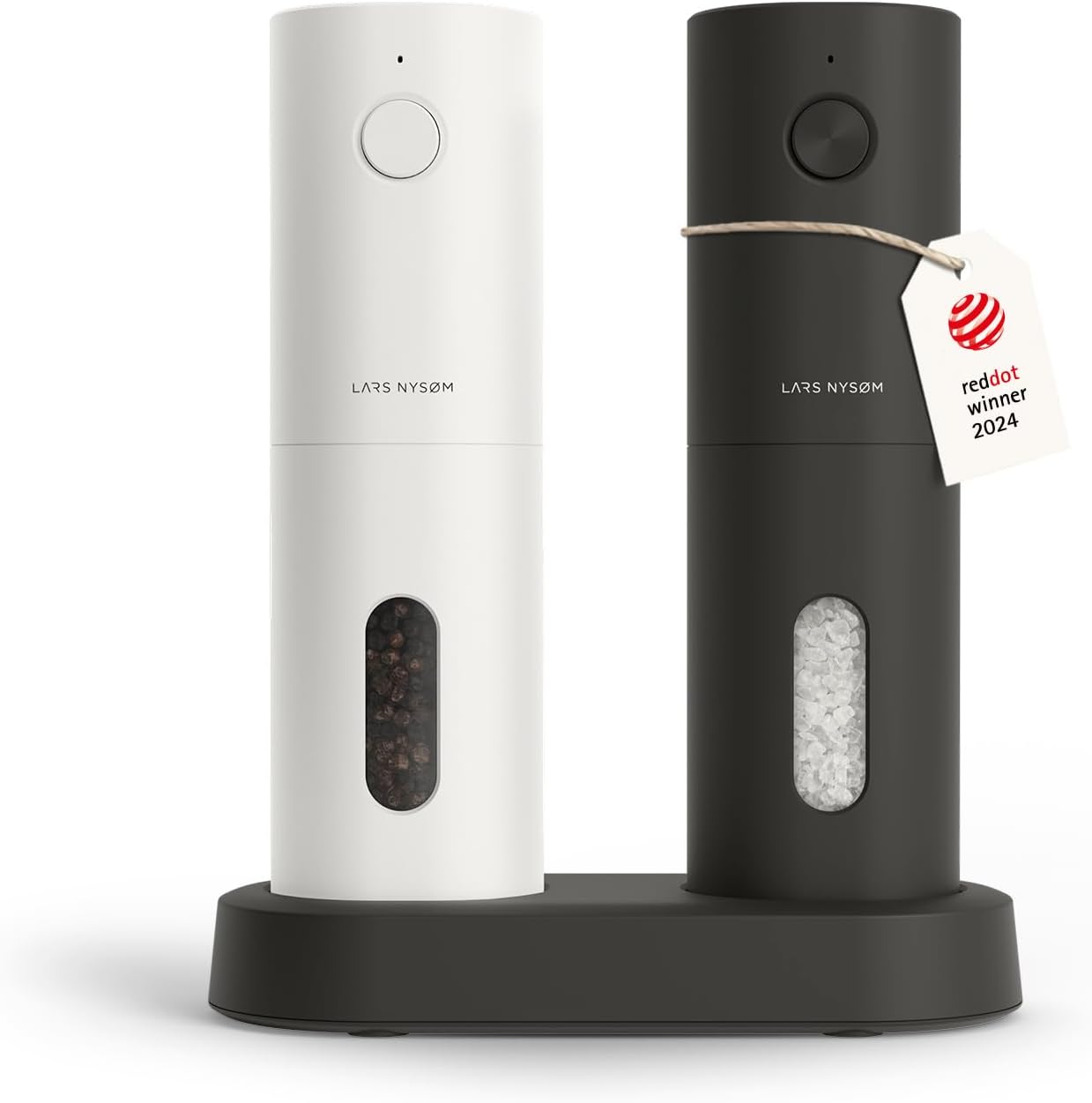Showcases the sleek, modern design of the salt and pepper grinders in two color options. Highlights the product's availability in different colors and its design award, appealing to style-conscious…