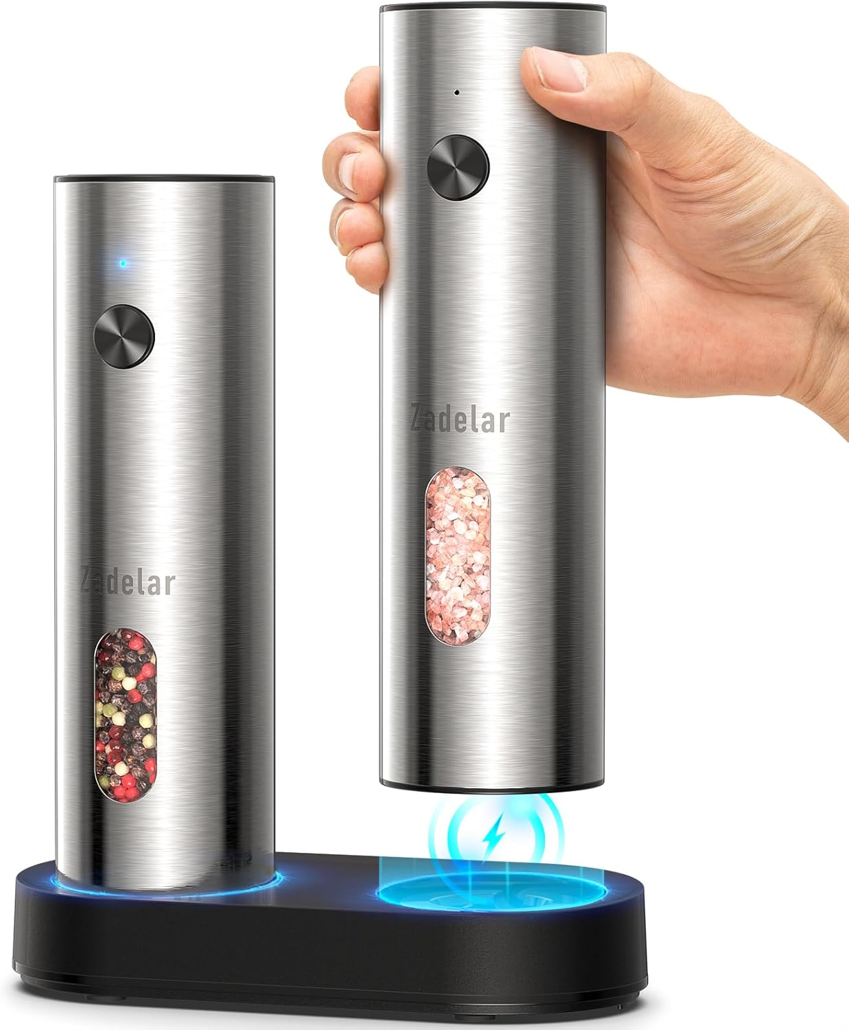 Showcases the sleek stainless steel design and functionality of the electric salt and pepper grinder set. Demonstrates the complete set including two grinders and the charging base, highlighting the…