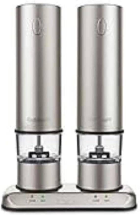 Showcases the sleek, stainless steel design of the electric salt and pepper grinder set. Displays the complete set including two grinders and their charging base, showing all components the customer…