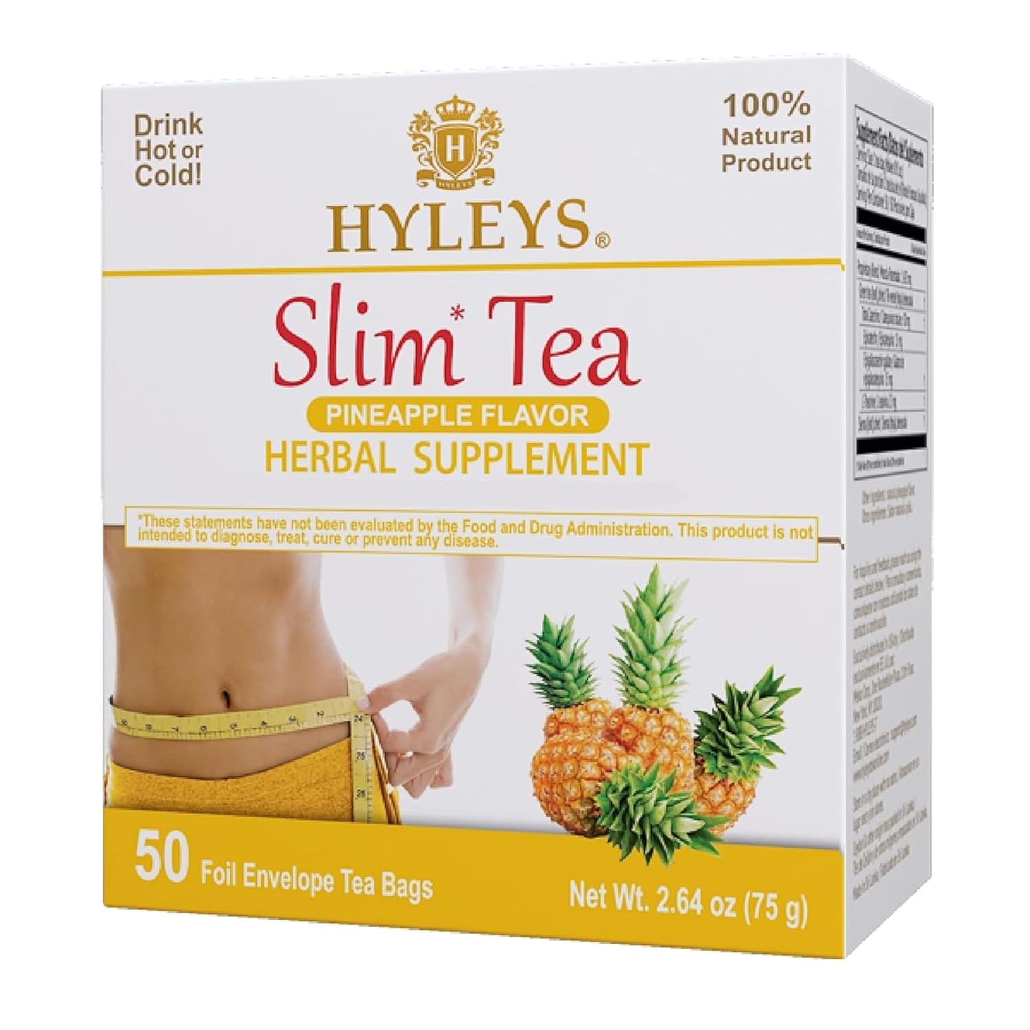 Showcases the product packaging and highlights the pineapple flavor variant of the slim tea.