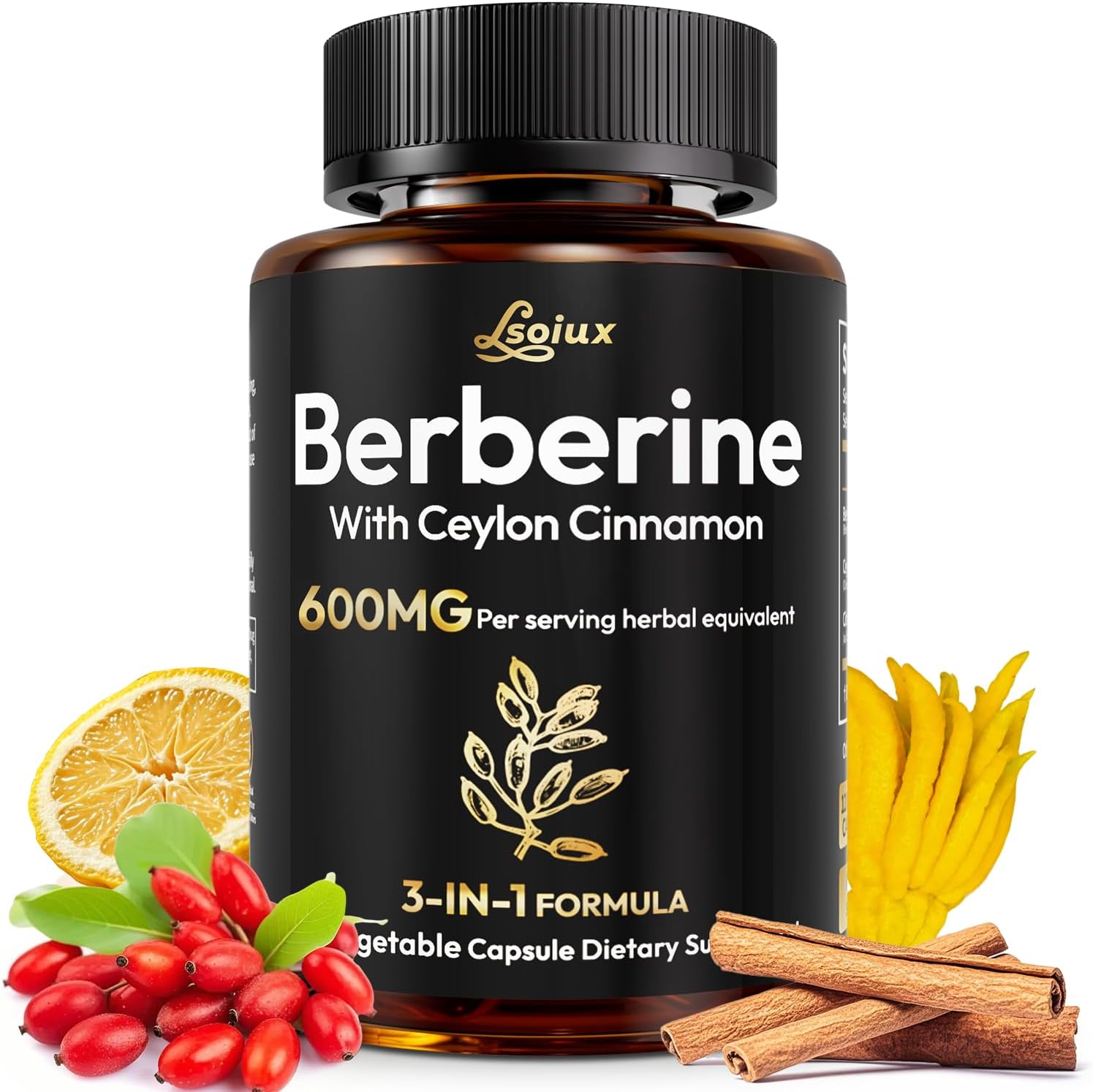 Clearly displays the product packaging to show the supplement name, ingredients, and dosage information. Includes images of cinnamon sticks, berries, and citrus to visually represent the…