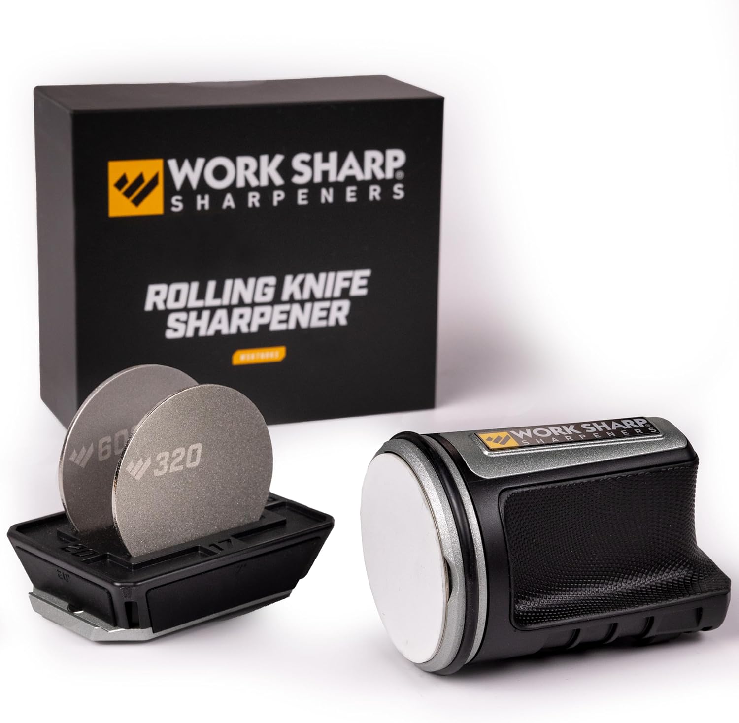 Shows the complete knife sharpener set with all included components to demonstrate the product's features and contents. Displays the various parts of the…