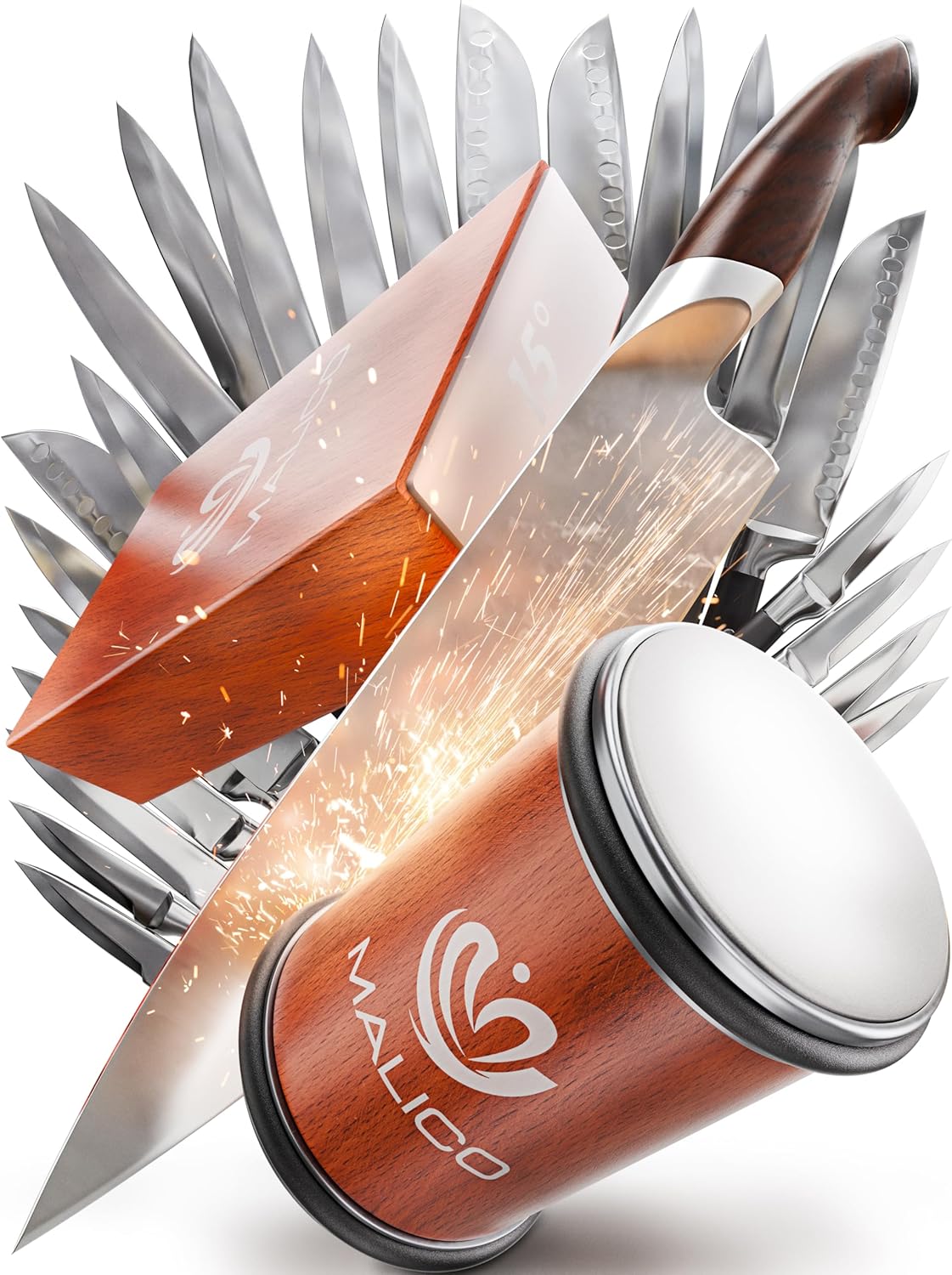 Showcases the complete knife set and unique wooden block design to highlight the product's premium quality and aesthetic appeal. Uses added visual effects to create a sense of excitement and draw…