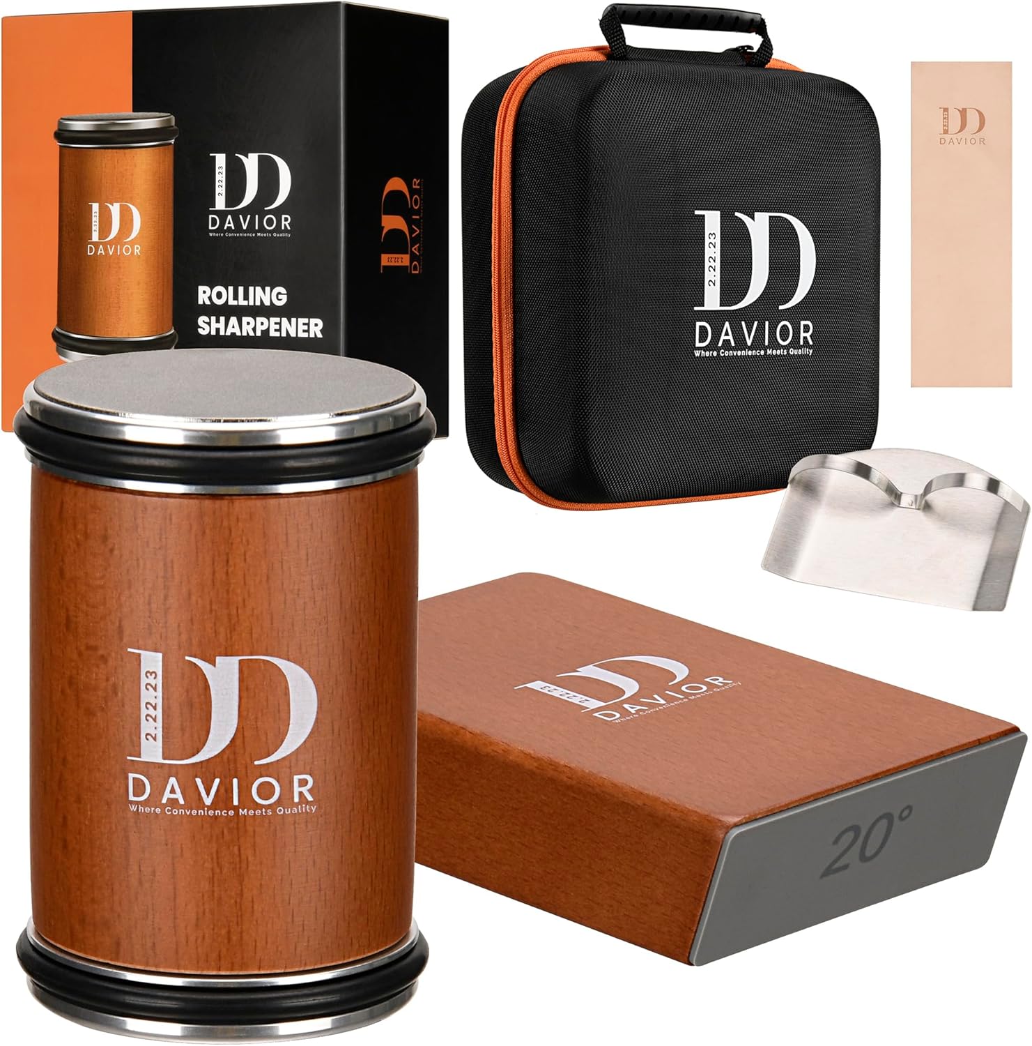 Shows all components of the knife sharpening kit to demonstrate the comprehensive nature of the product. Displays the product's high-quality packaging and strong branding to convey a sense of…