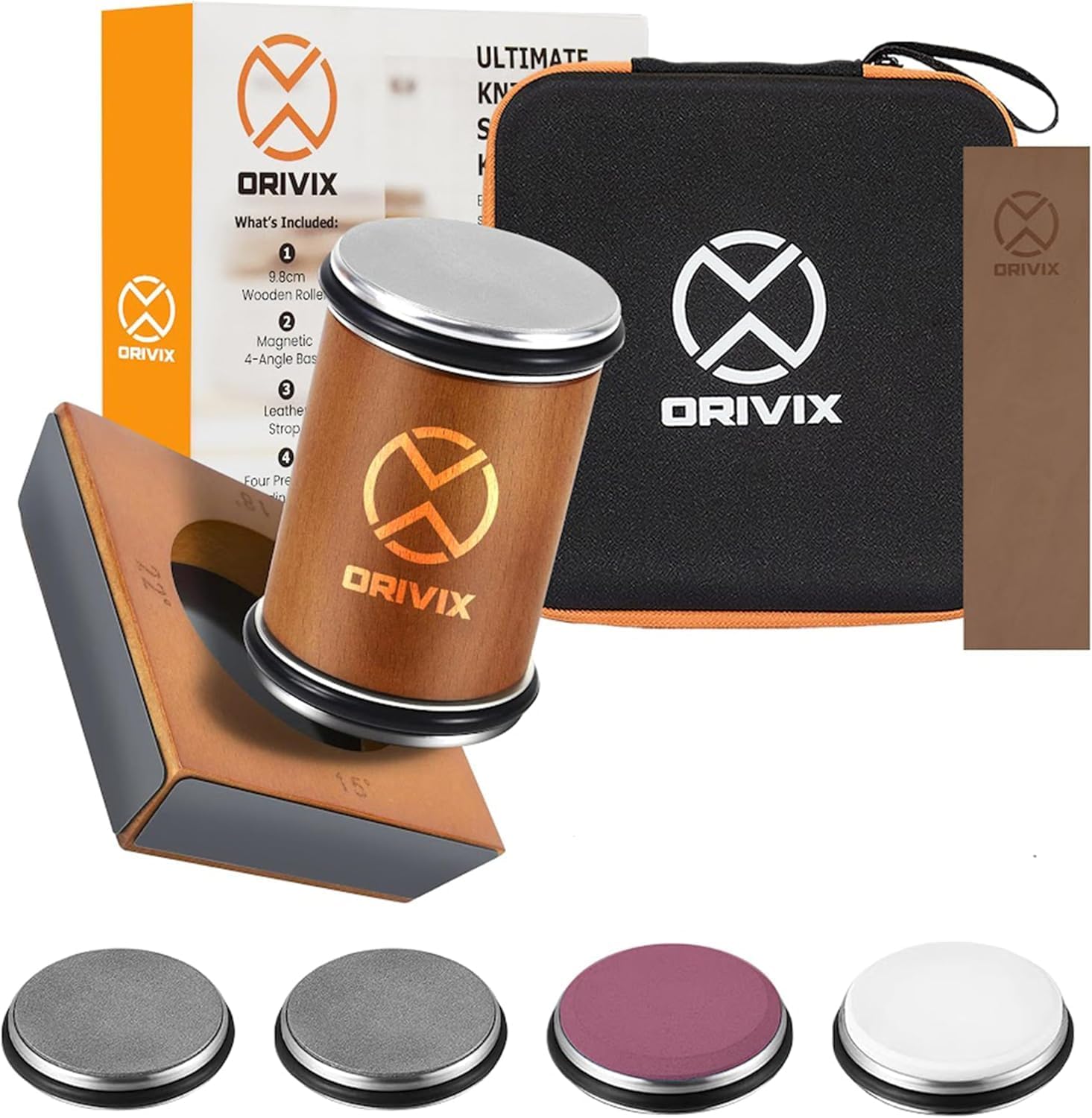 Shows all components of the knife sharpening kit to demonstrate the comprehensive nature of the product. Displays the various parts included in the kit to…