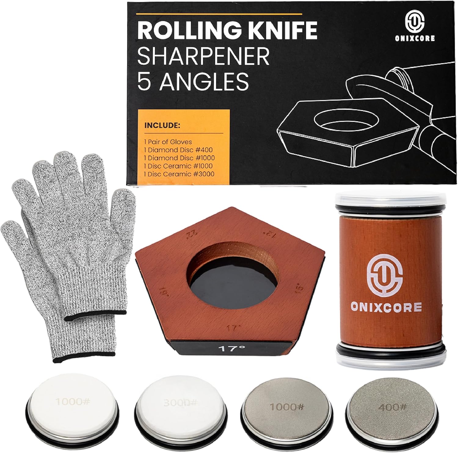 Showcases all components of the knife sharpening kit to demonstrate value and completeness of the product. Displays all individual parts included in the kit…
