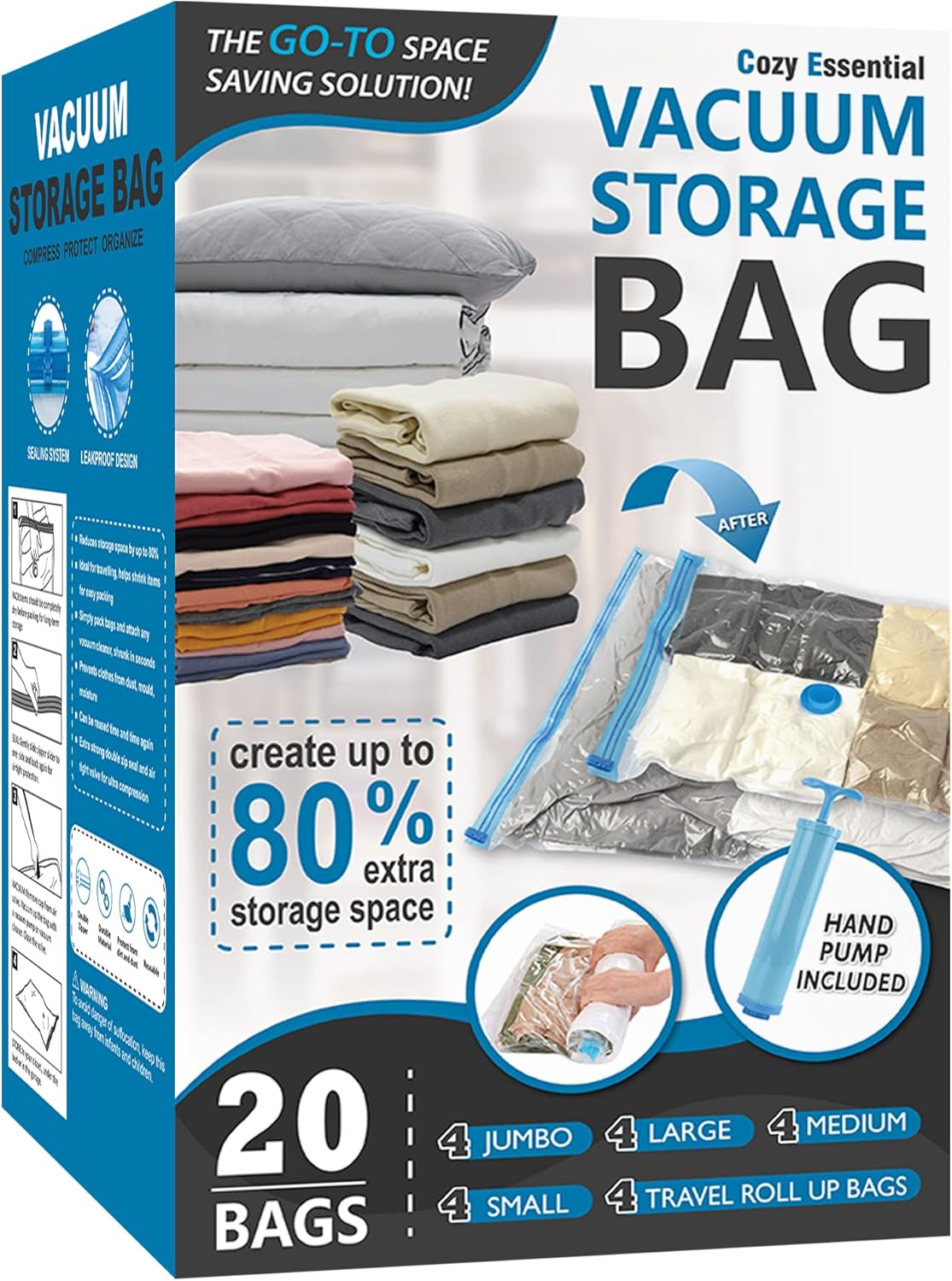 Showcases the product packaging and highlights the space-saving benefits of vacuum storage bags in various sizes. Demonstrates all components included in the package, emphasizing the variety of bag…