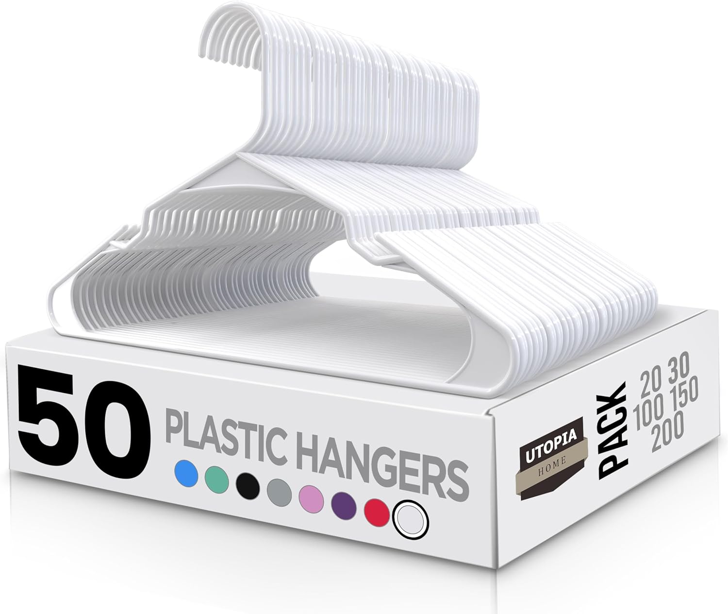 Showcases the product's quantity (50 hangers) and material (plastic) to inform customers about the package contents. Displays the product packaging to highlight brand identity and provide key…