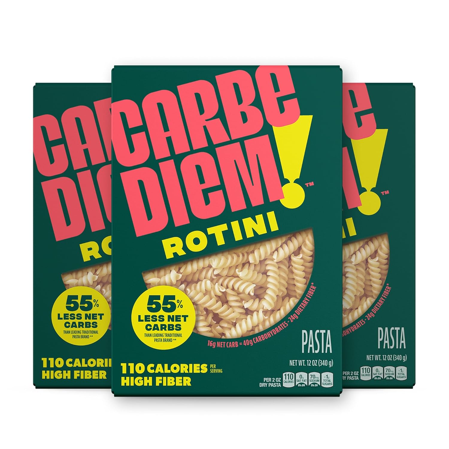 Showcases the product packaging while highlighting key nutritional benefits of low carbs and high fiber.