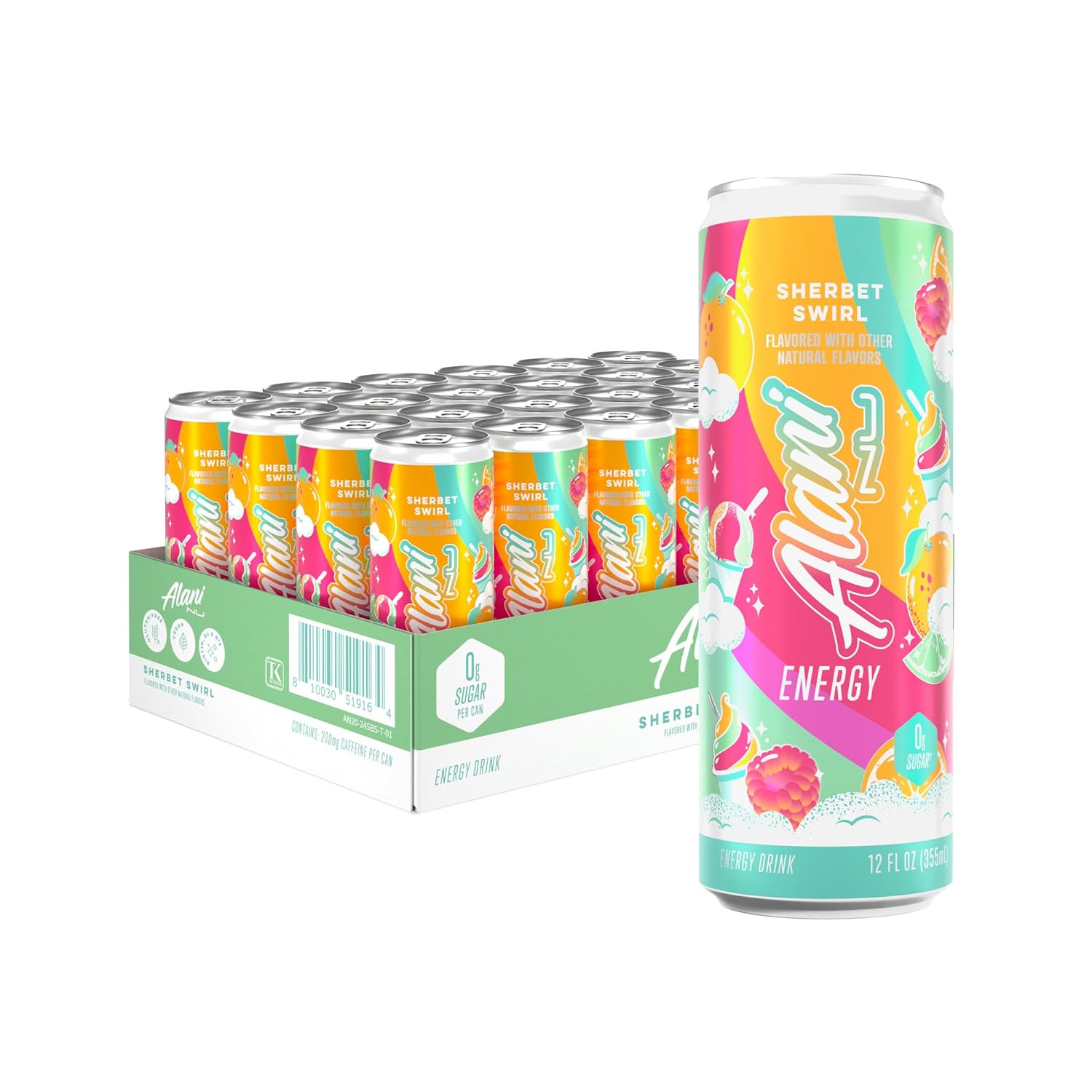 Showcases the product can and its packaging design to attract attention and communicate the flavor. Displays the product in both individual can and multipack format to show purchasing options and…