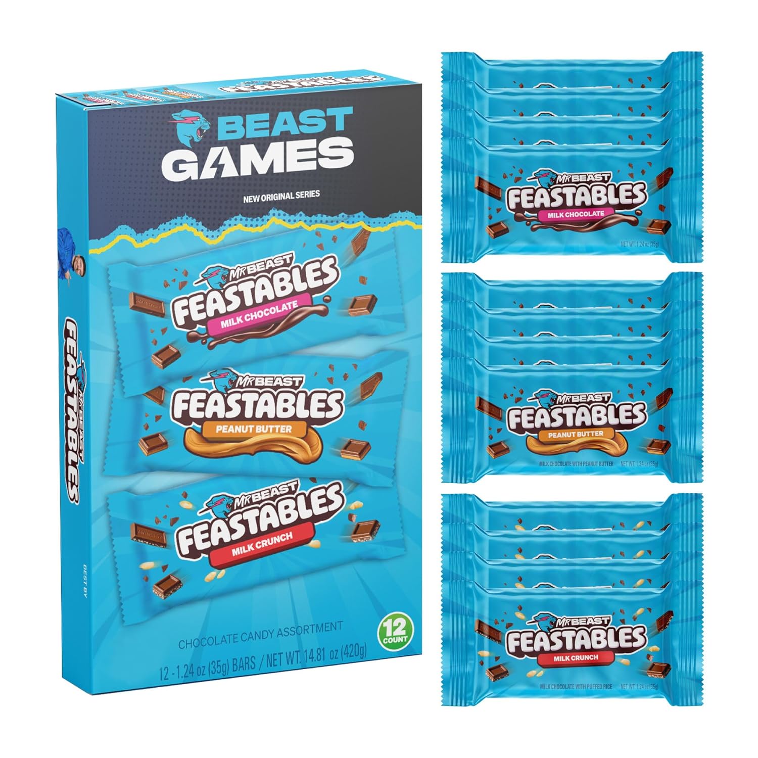 Showcases the product packaging and variety of flavors available in the assortment box. Displays the different chocolate bar flavors included in the assortment, allowing customers to see the variety…