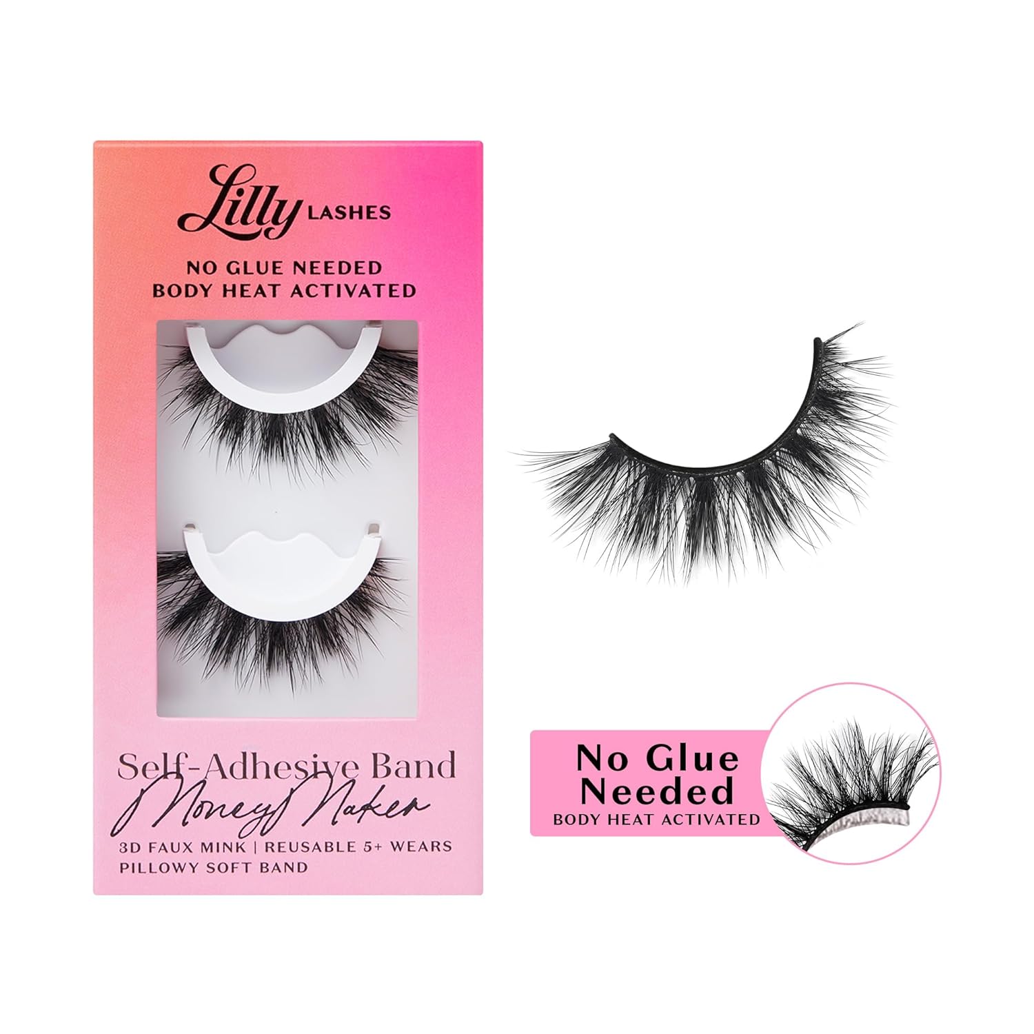 Showcases the product packaging and the actual lashes to highlight the self-adhesive, no-glue-needed feature. Displays the branded packaging to establish brand identity and communicate key product…