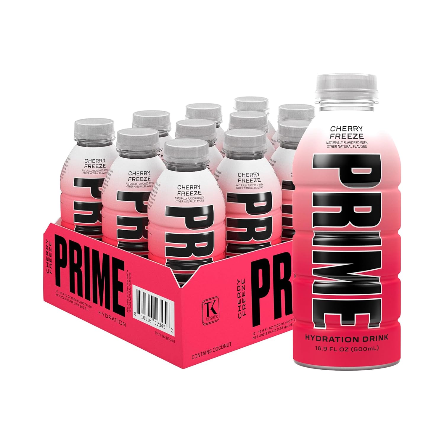 Showcases the full product line of Prime hydration drinks in Cherry Freeze flavor, demonstrating variety and quantity available. Displays different bottle sizes of the same product, allowing…