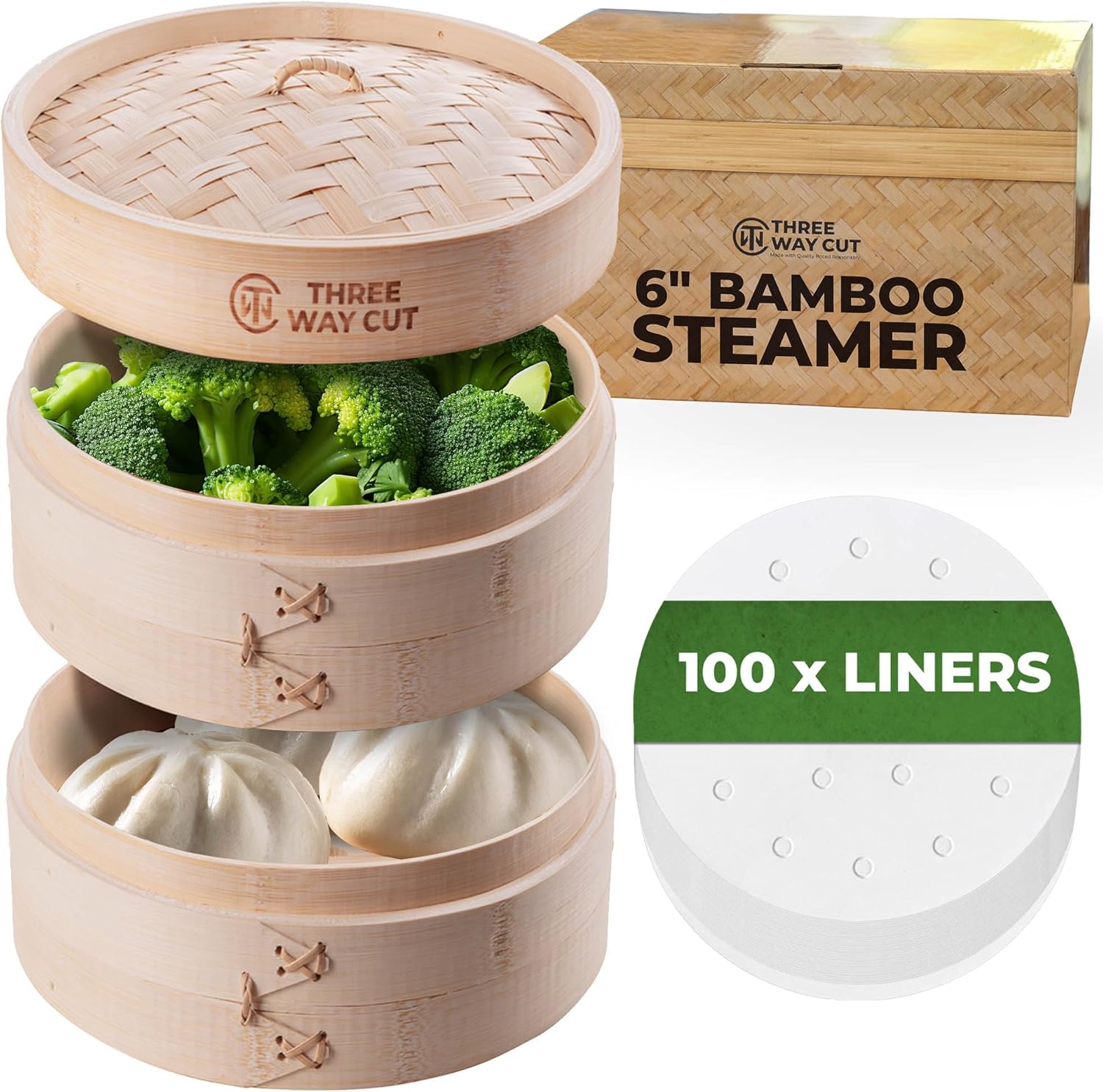 Main Images for 2-Tier 6" Bamboo Steamer With 100 Parchment Liners- 2 Bamboo Steamer Basket + Lid & 100…
