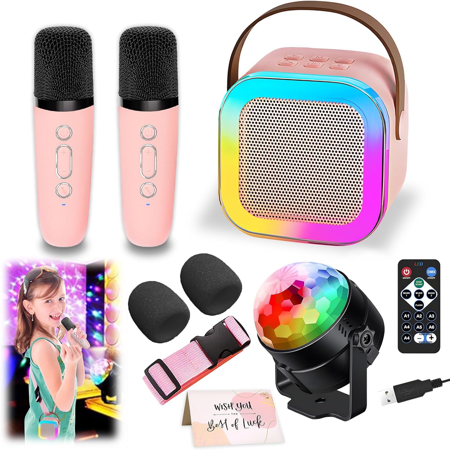 Showcases all components of a complete karaoke set, highlighting the variety of included items for a full entertainment experience.