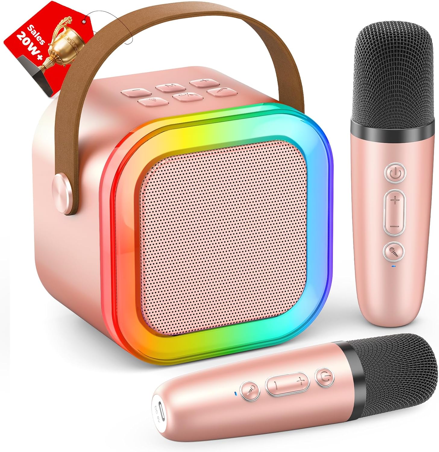 Showcases the complete karaoke set including the speaker and microphones, highlighting its portability and all-in-one design. Displays all components of the…
