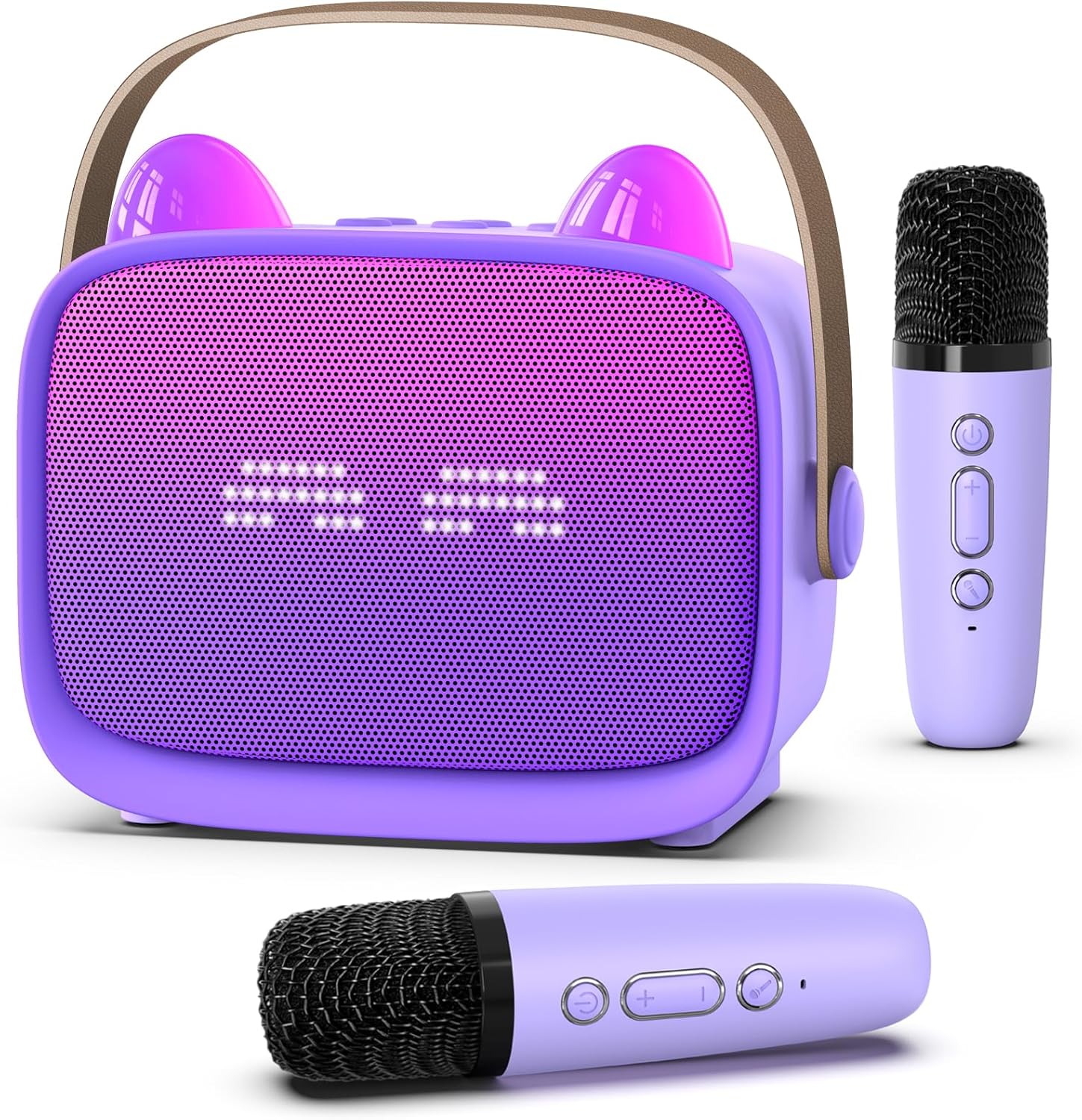 Showcases the main product - a cute, portable Bluetooth speaker with included microphones for karaoke or audio recording. Displays all components included in…