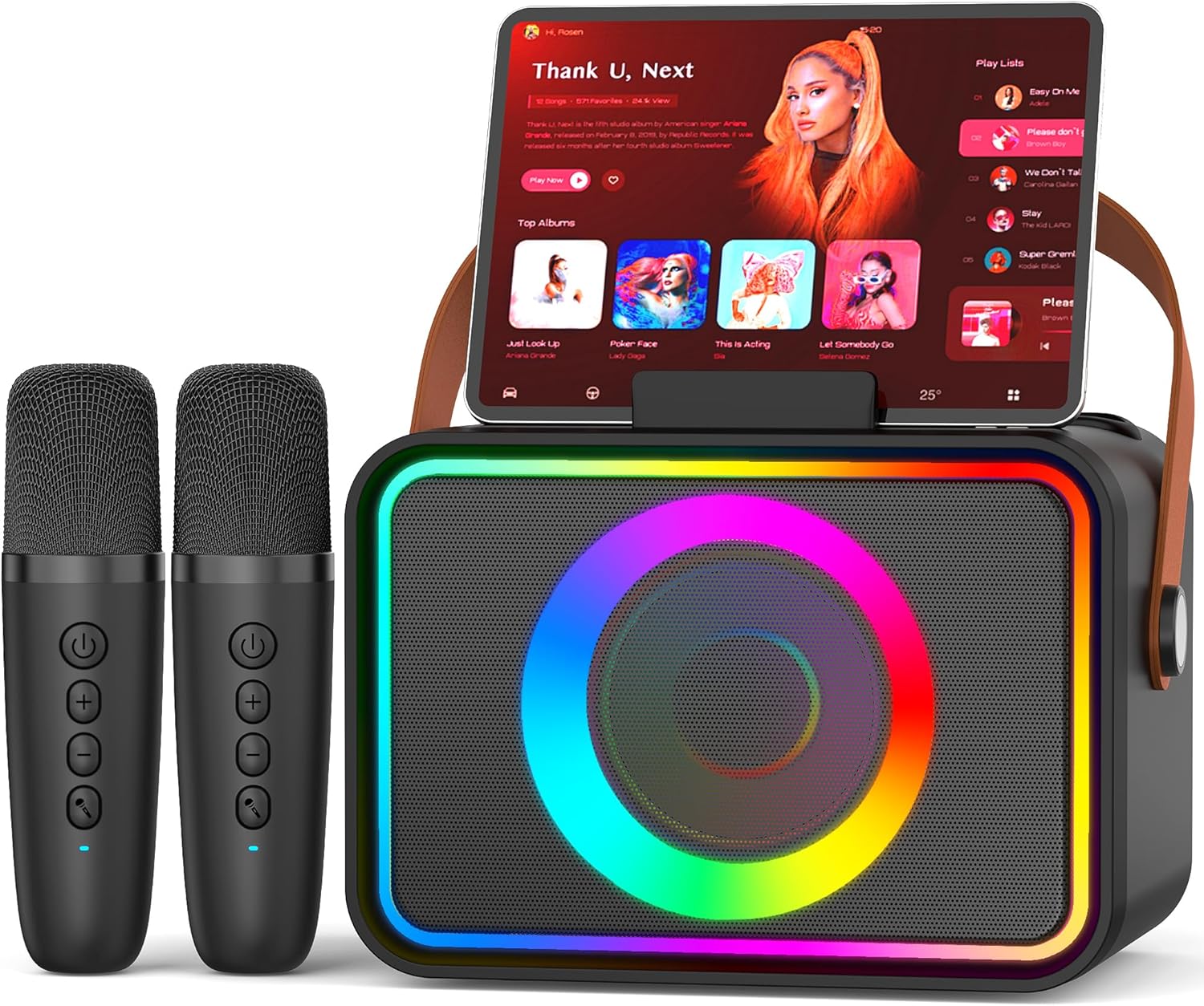 Showcases the complete karaoke system with speaker, microphones, and tablet holder for an all-in-one entertainment solution. Displays all components of the karaoke system to show buyers exactly what…