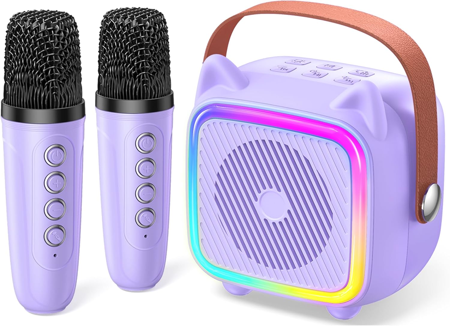 Showcases the complete karaoke set including wireless microphones and a speaker with colorful lighting effects. Displays all components of the karaoke system…
