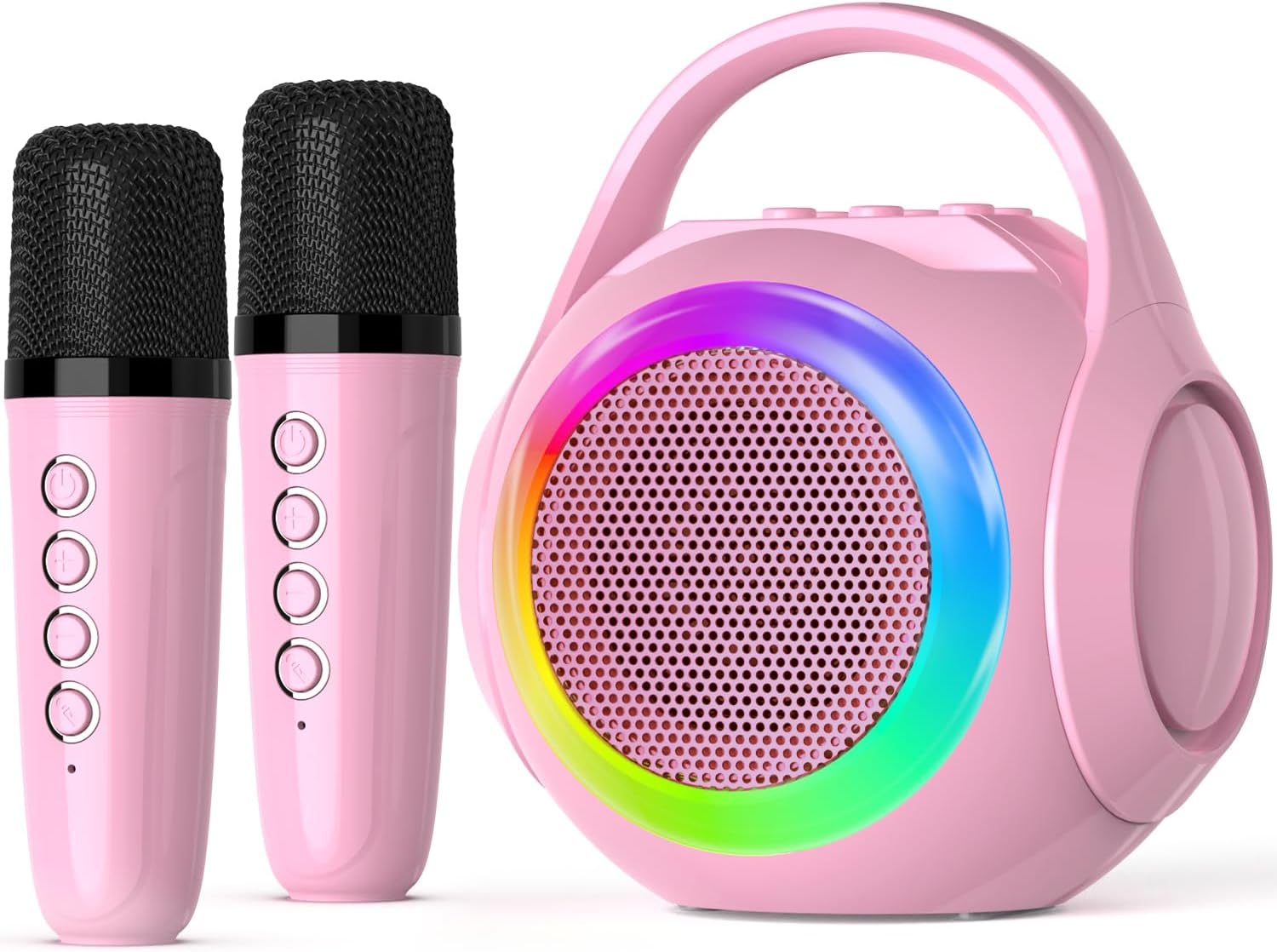 Showcases the complete karaoke set including wireless microphones and a portable speaker with colorful lighting effects. Displays all components of the…