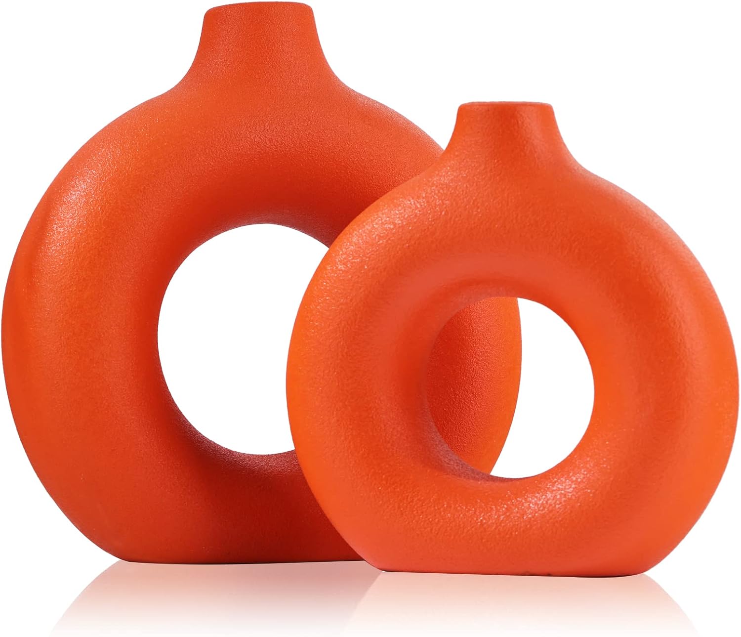 Showcases the unique circular shape and bold orange color of the decorative vases to attract design-conscious shoppers.