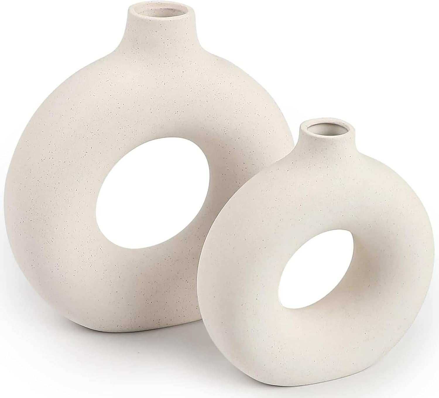 Showcases the distinctive donut-shaped ceramic vases to highlight their modern, artistic design.