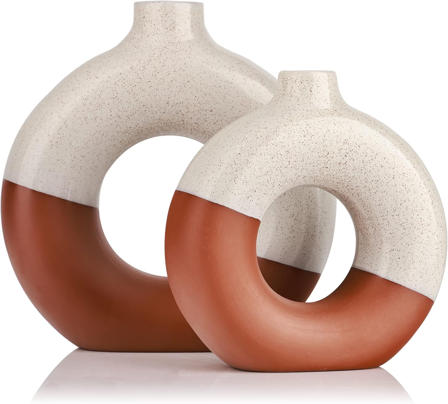 Showcases the unique circular design and two-tone color scheme of the decorative vases. Presents the vases as stylish, contemporary home decor items that can enhance interior spaces.