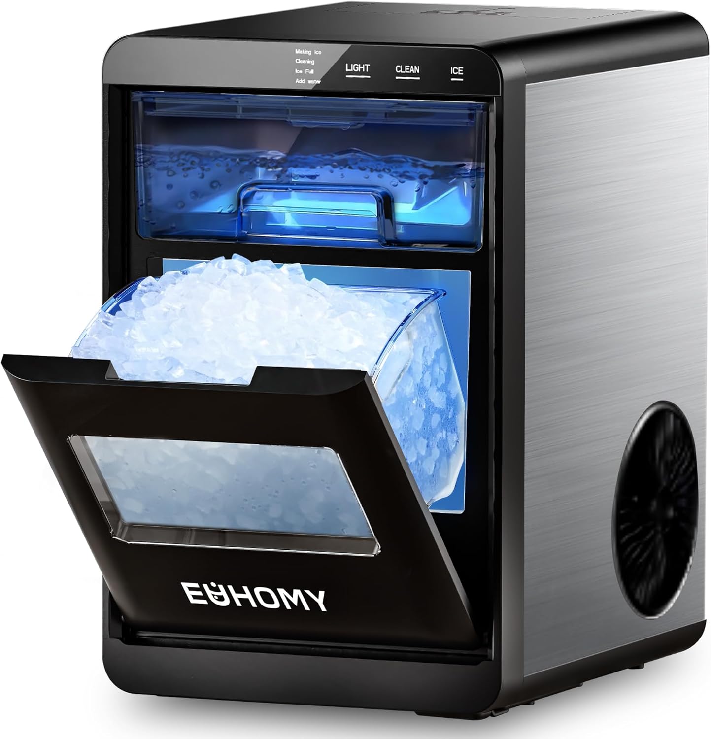 Showcases the ice maker's design and functionality, highlighting its ability to produce ice quickly and efficiently. Demonstrates the ice storage capacity and easy access to freshly made ice.