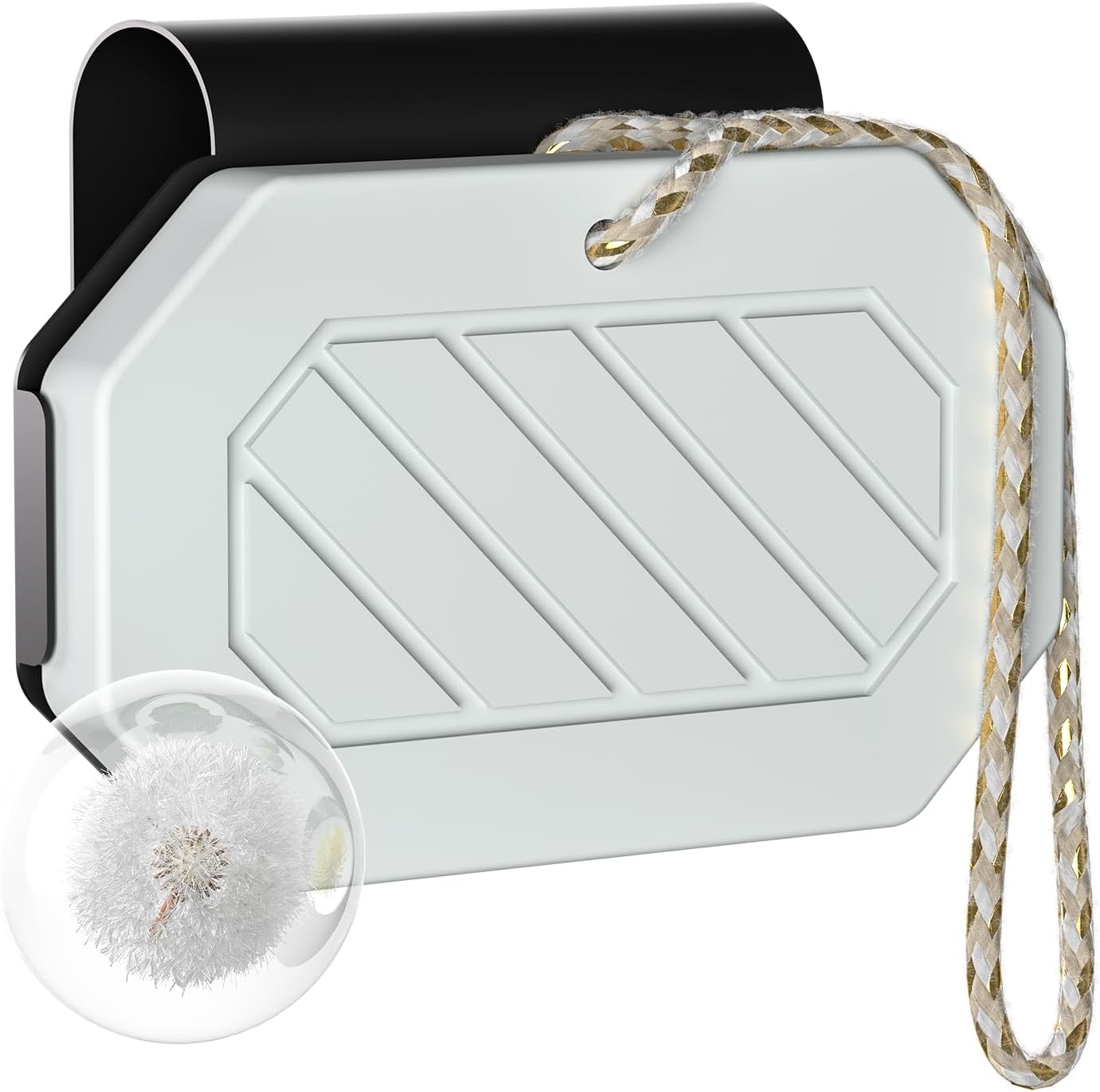 Showcases the product's distinctive shape and portable nature, emphasizing its modern aesthetic and convenience.