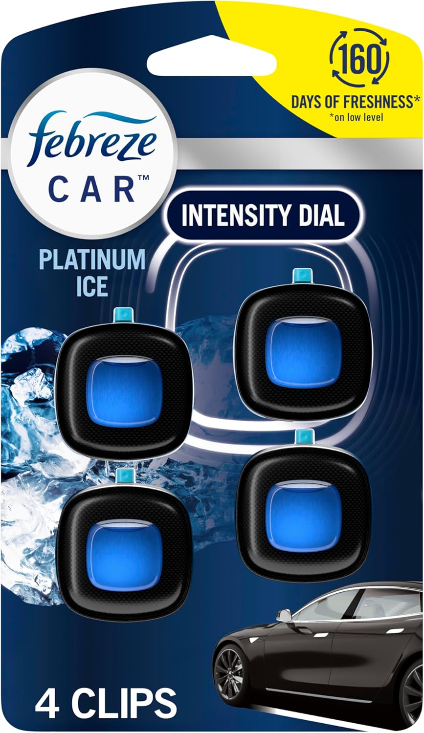 Showcases the product packaging and highlights key features like 160 days of freshness and intensity control to appeal to car owners seeking long-lasting, customizable air fresheners.
