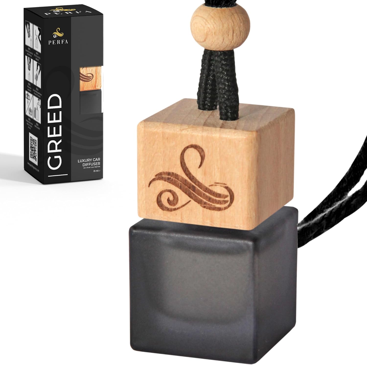 Showcases the premium packaging and unique design of the car diffuser, emphasizing its luxury appeal and functionality.