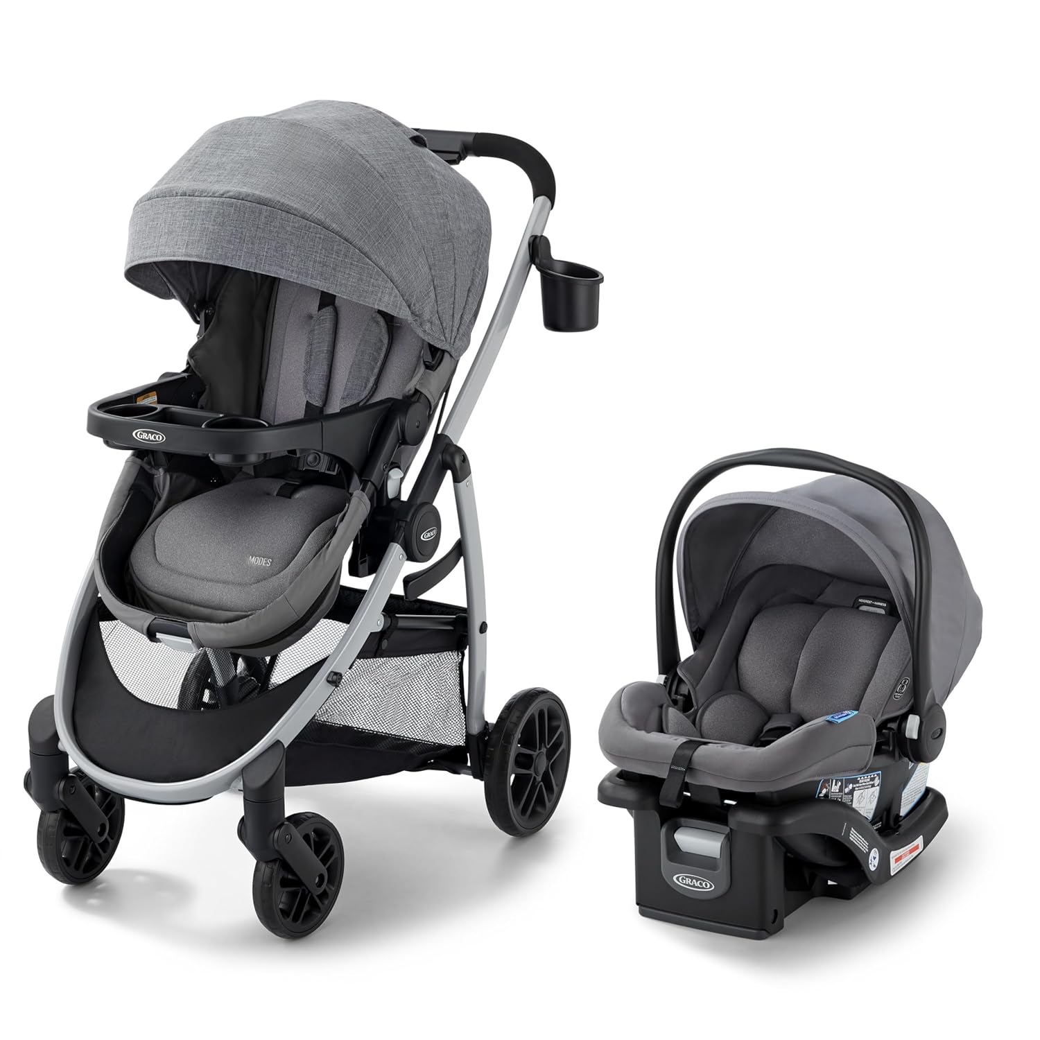 Showcases the complete travel system including stroller and compatible car seat for infant transportation.