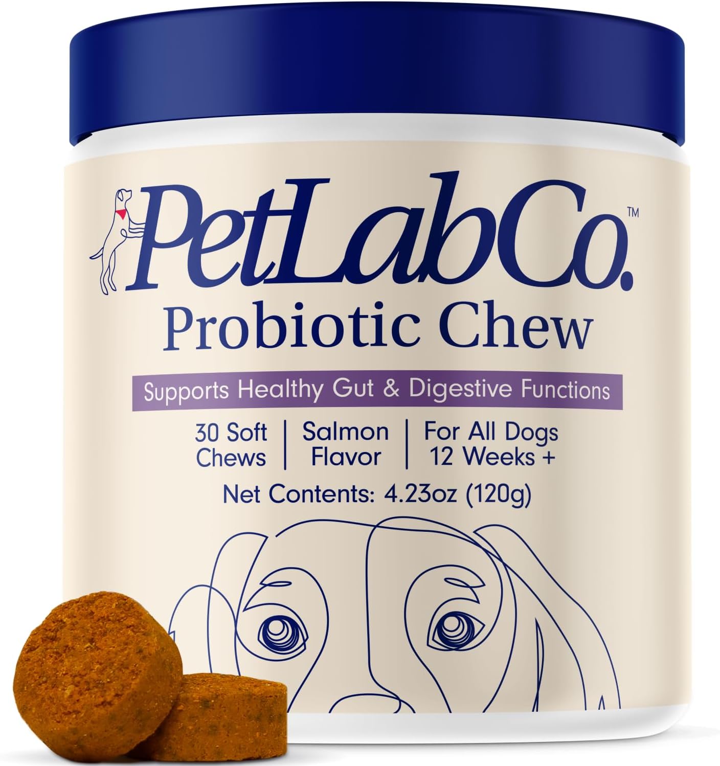 Showcases the product container and chews to clearly display what the customer will receive. Displays both the product packaging and the actual chews to give customers a complete view of the item.