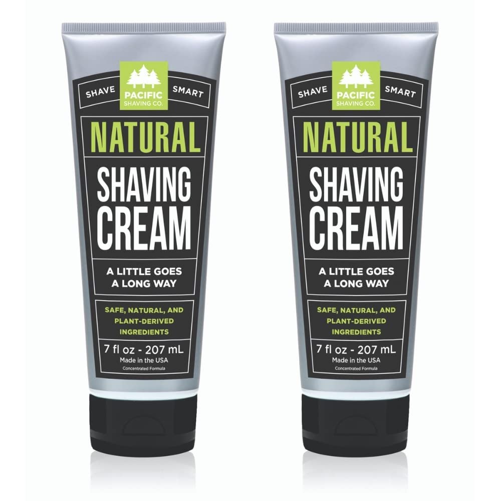 Shows two identical units of the natural shaving cream to emphasize product quantity or value. Displays the product packaging to highlight branding, product information, and natural ingredients.