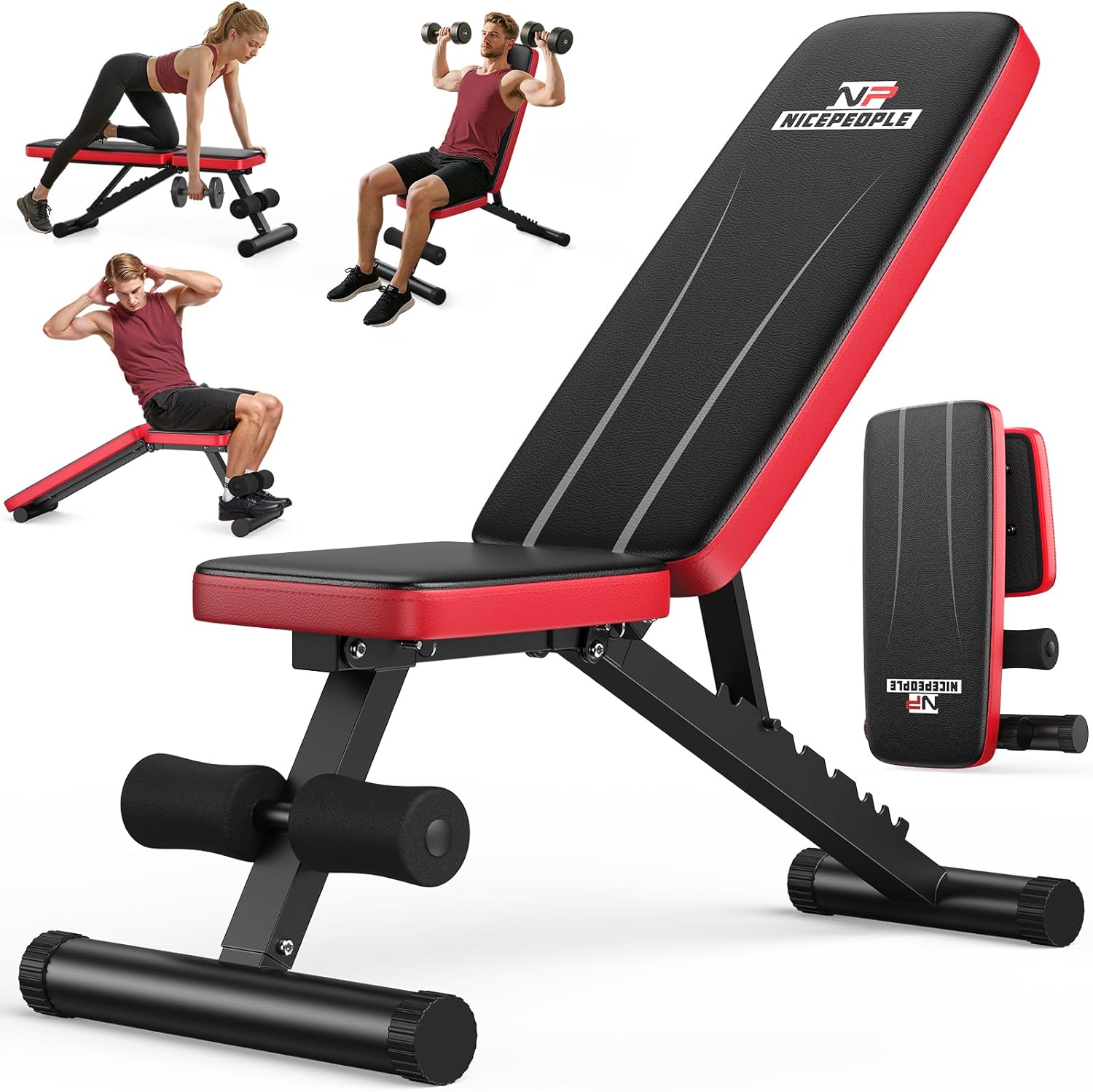 Showcases the versatility of the workout bench by demonstrating various exercise positions and configurations. Illustrates the product's adaptability for different exercises and its space-saving…