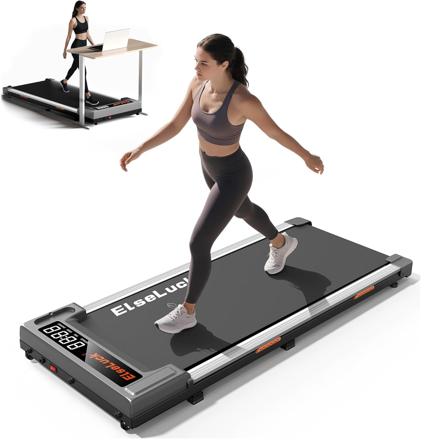 Showcases the full product setup including the treadmill and attached desk, demonstrating its dual functionality for exercise and work. Illustrates the product in use, showing how it enables users…