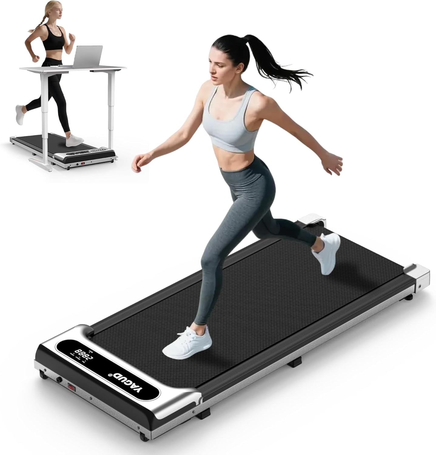 Showcases the product's versatility as both a treadmill and a standing desk, emphasizing its dual functionality for fitness and work. Demonstrates how the product can be integrated into daily life,…