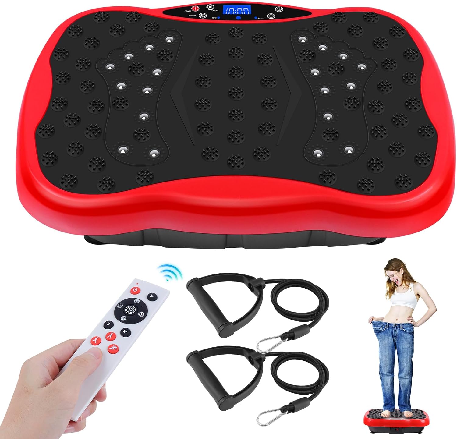 Showcases the main product - a vibration platform exercise machine - to clearly display its design and features. Highlights the included accessories (remote control and resistance bands) to show the…
