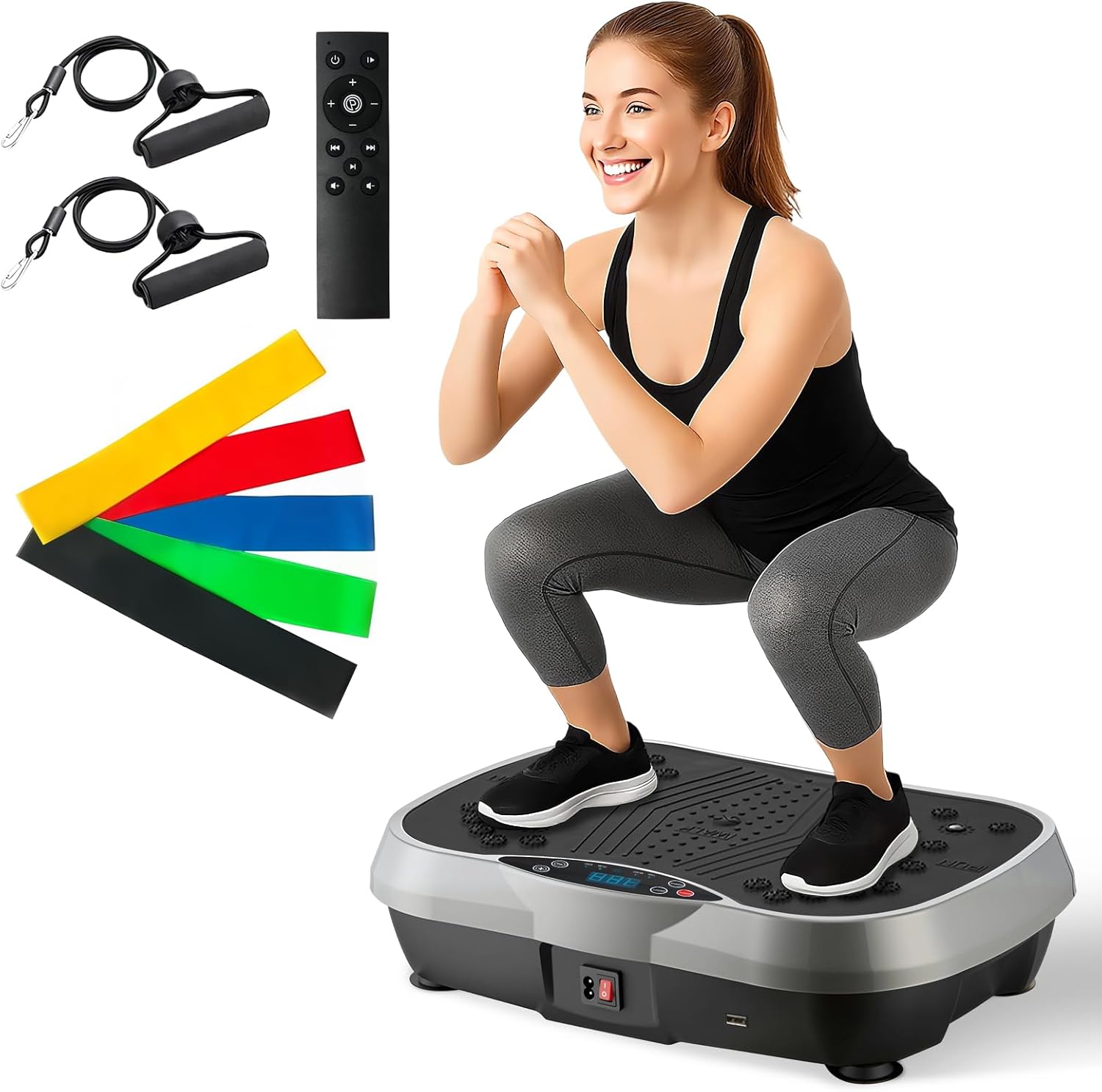 Showcases all components of the fitness equipment package, including the vibration platform, resistance bands, and remote control. Demonstrates proper use of the vibration platform with a model,…