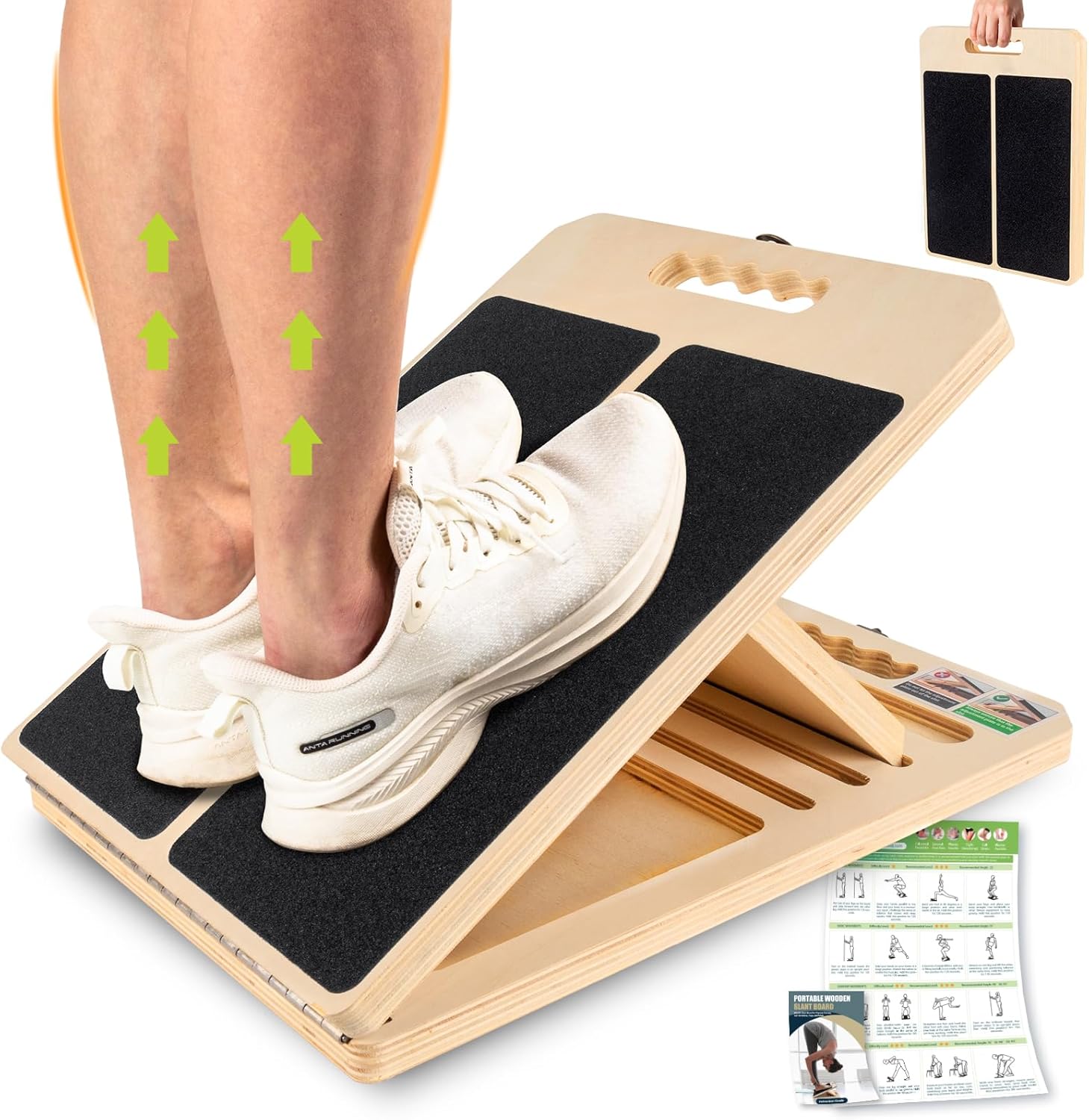 Showcases the product's design and functionality as a calf stretching device with adjustable incline levels. Demonstrates how to use the product correctly and highlights the targeted muscle groups…