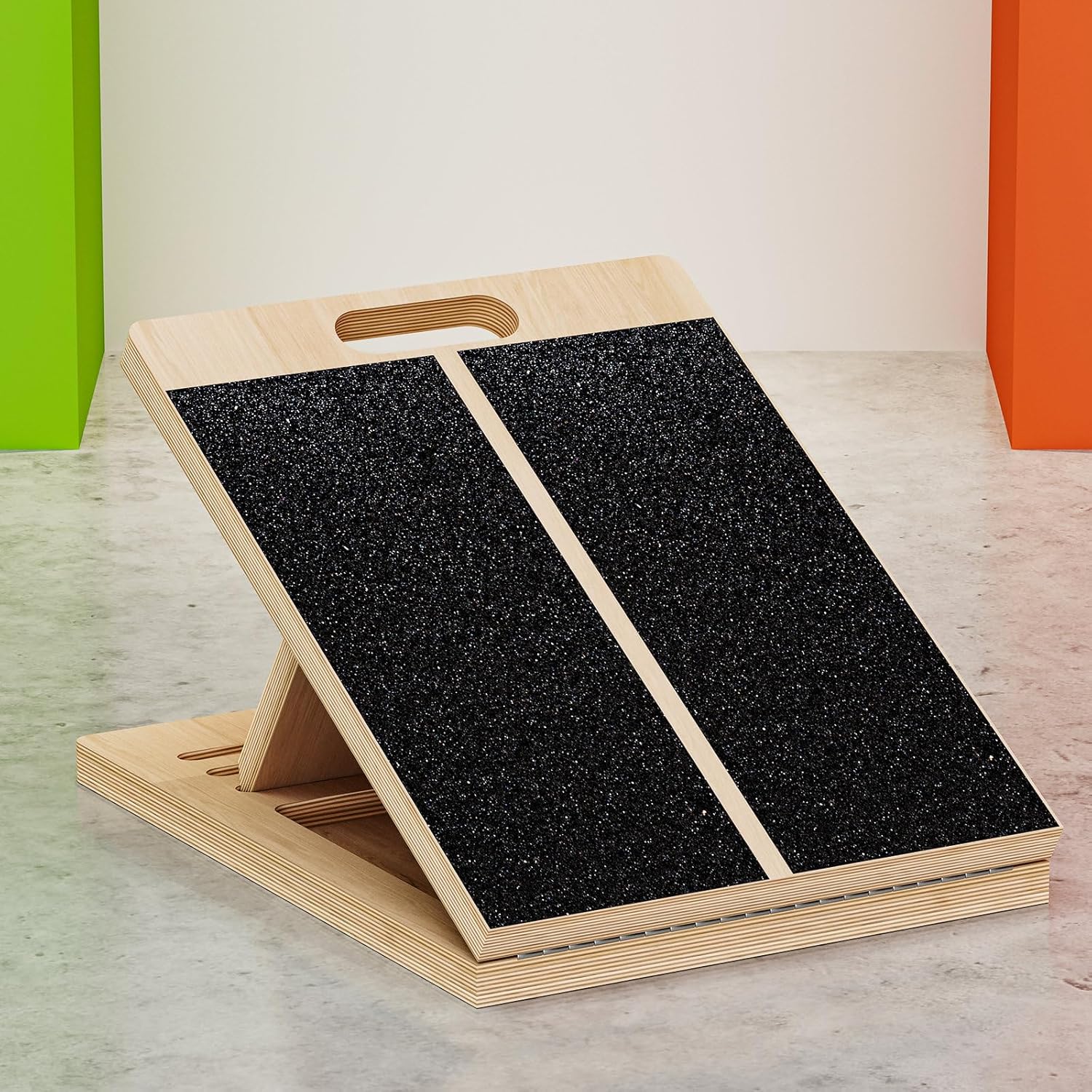 Showcases the product's design and materials, highlighting its sturdy wooden construction and non-slip surface for stability during use.