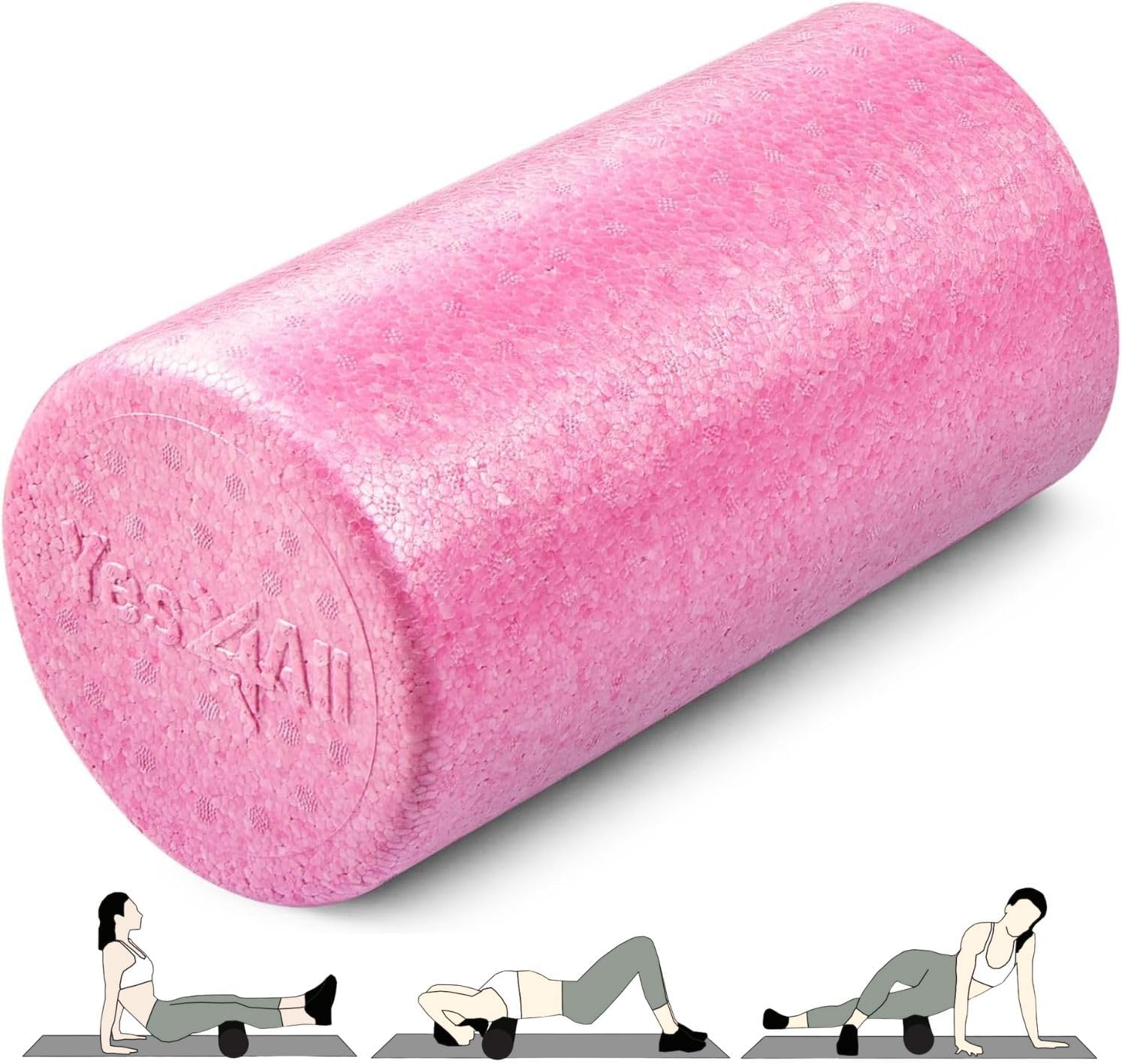 Showcases the product's bright pink color and cylindrical shape, clearly displaying its function as a foam roller for exercise and muscle recovery.