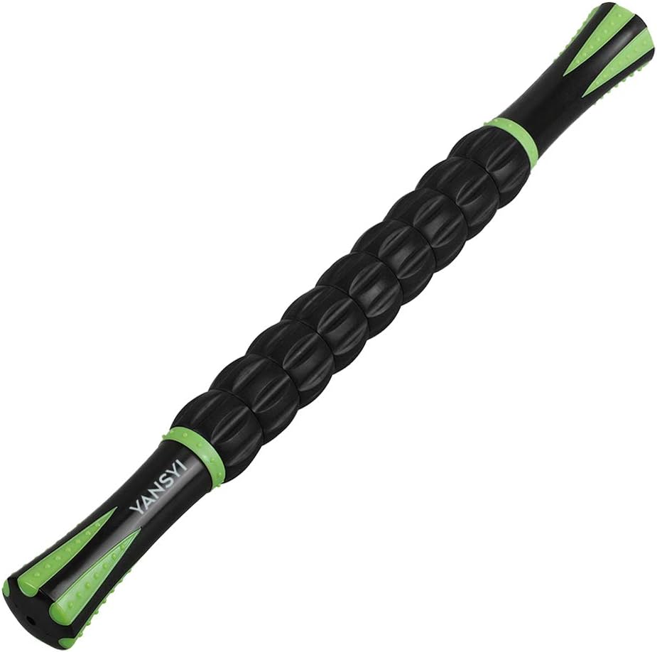Showcases the product's design and color scheme, highlighting its ergonomic shape for effective muscle massage.