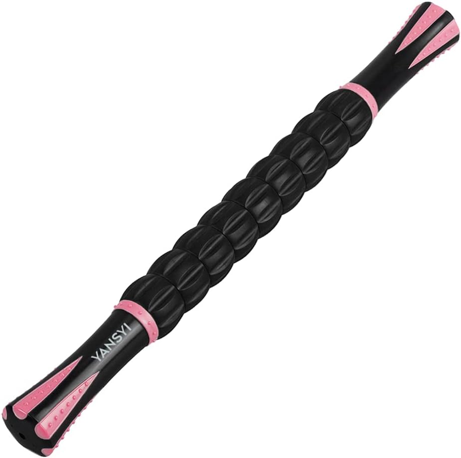 Showcases the product's design and color scheme, highlighting its ergonomic shape for effective muscle massage.