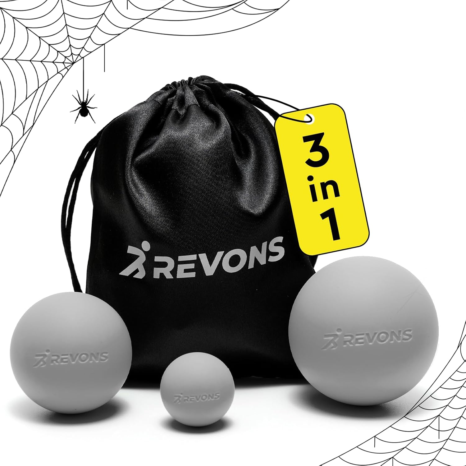 Showcases the complete product set including three massage balls of different sizes and a carrying bag. Adds a seasonal touch with spider web and spider graphics to attract attention and create a…