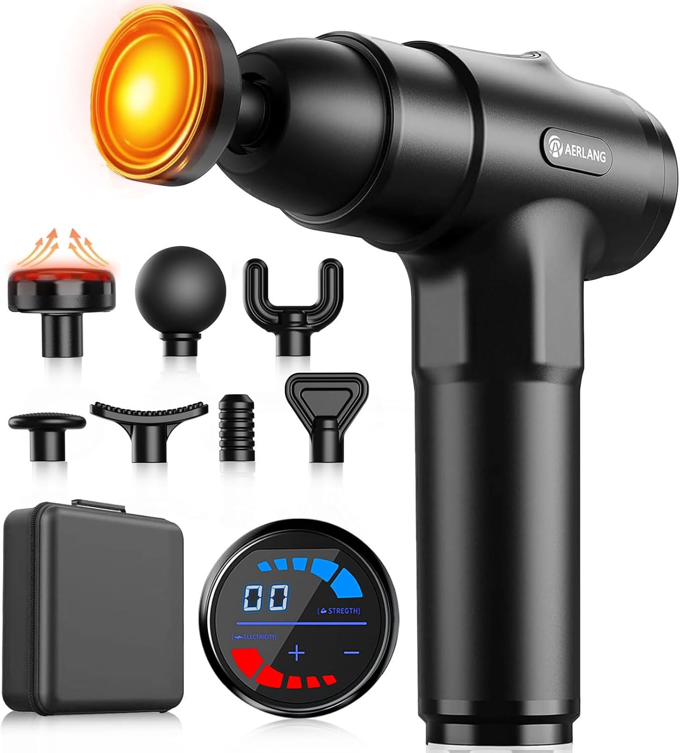 Showcases the main product (massage gun) along with its various attachments and accessories to highlight versatility and value. Demonstrates the complete set of items included with the purchase,…