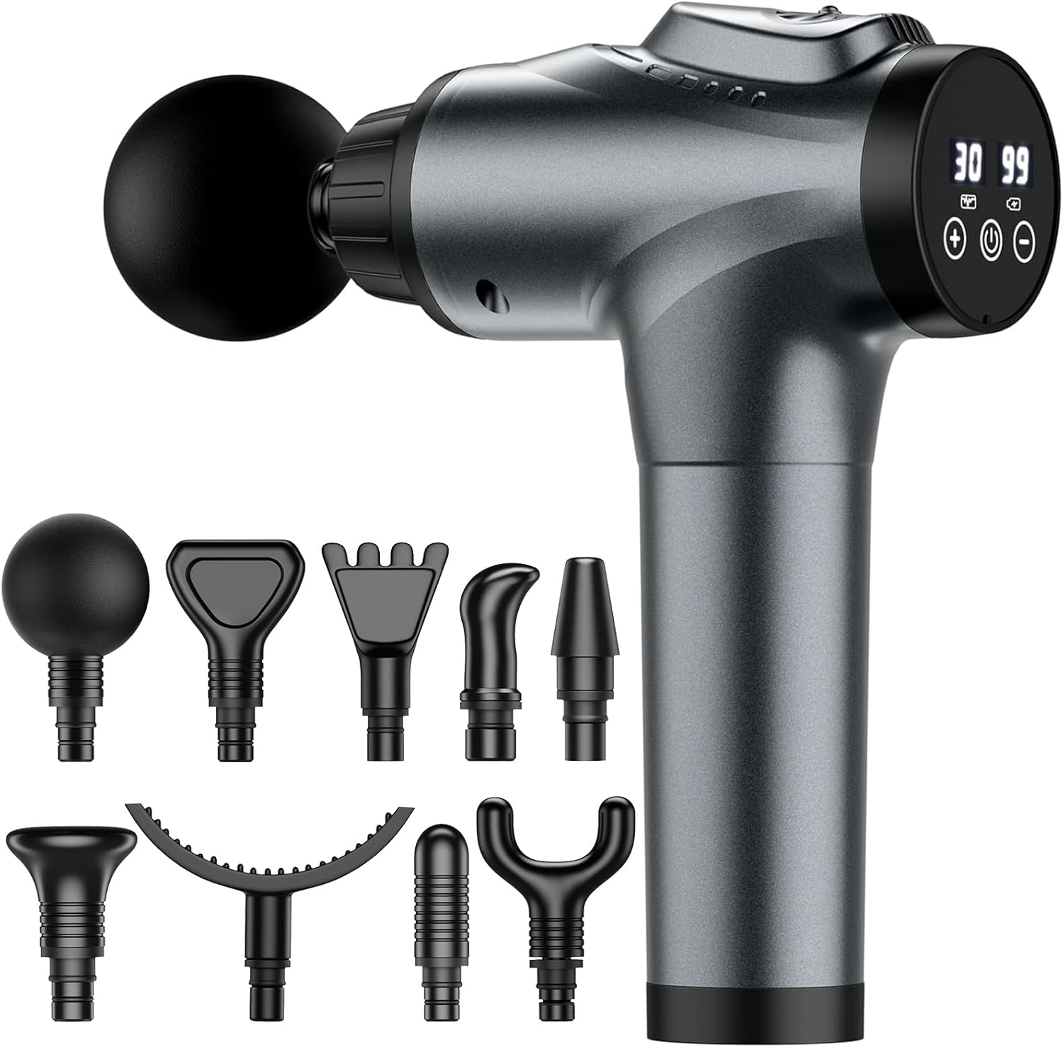 Showcases the main product and its included attachments to demonstrate versatility and value. Displays the various massage attachments to highlight the product's adaptability for different body…
