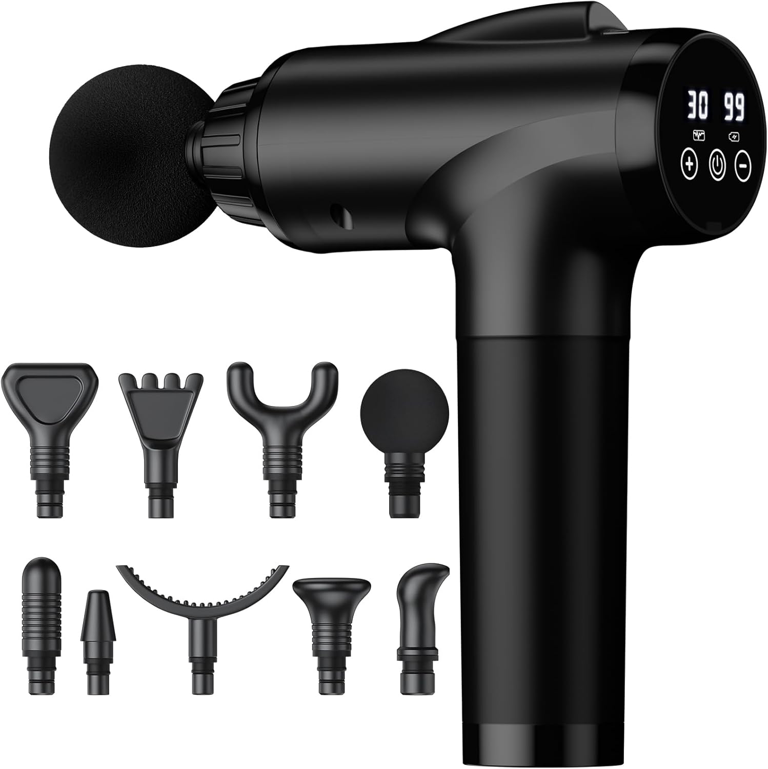 Showcases the main product (massage gun) along with its various attachments to demonstrate versatility and functionality. Displays all the included attachments to highlight the product's versatility…